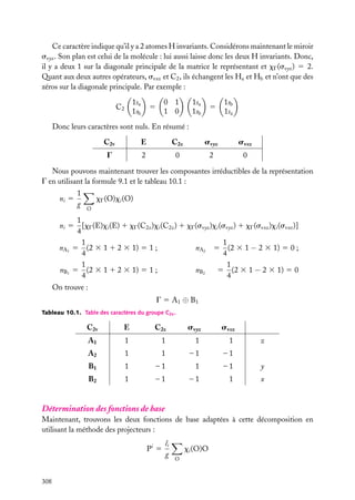 Ce caractère indique qu’il y a 2 atomes H invariants. Considérons maintenant le miroir
svyz . Son plan est celui de la molécule : lui aussi laisse donc les deux H invariants. Donc,
il y a deux 1 sur la diagonale principale de la matrice le représentant et xG (svyz ) 5 2.
Quant aux deux autres opérateurs, svxz et C2 , ils échangent les Ha et Hb et n’ont que des
zéros sur la diagonale principale. Par exemple :
1sa
1sb

C2

0 1
1 0

5

1sa
1sb

5

1sb
1sa

Donc leurs caractères sont nuls. En résumé :
C2v

E

C2z

svyz

svxz

G

2

0

2

0

Nous pouvons maintenant trouver les composantes irréductibles de la représentation
G en utilisant la formule 9.1 et le tableau 10.1 :
ni 5

1
g

xG (O)xi (O)
O

1
[xG (E)xi (E) 1 xG (C2z )xi (C2z ) 1 xG (svyz )xi (svyz ) 1 xG (svxz )xi (svxz )]
4
1
1
nA2 5 (2 3 1 − 2 3 1) 5 0 ;
5 (2 3 1 1 2 3 1) 5 1 ;
4
4
1
1
nB2
5 (2 3 1 1 2 3 1) 5 1 ;
5 (2 3 1 − 2 3 1) 5 0
4
4

ni 5
nA1
nB1

On trouve :
G 5 A1 ⊕ B1
Tableau 10.1. Table des caractères du groupe C2v .

C2v

E

C2z

svyz

svxz

A1

1

1

1

1

A2

1

1

–1

–1

B1

1

–1

1

–1

y

B2

1

–1

–1

1

x

z

Détermination des fonctions de base
Maintenant, trouvons les deux fonctions de base adaptées à cette décomposition en
utilisant la méthode des projecteurs :
Pi 5

308

li
g

xi (O)O
O

 