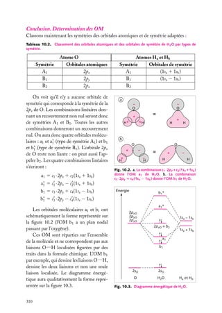 Conclusion. Détermination des OM
Classons maintenant les symétries des orbitales atomiques et de symétrie adaptées :
Tableau 10.2. Classement des orbitales atomiques et des orbitales de symétrie de H2 O par types de
symétrie.

Symétrie
A1
B1
B2

Atome O
Orbitales atomiques
2pz
2py
2px

On voit qu’il n’y a aucune orbitale de
symétrie qui corresponde à la symétrie de la
2px de O. Les combinaisons linéaires donnant un recouvrement non nul seront donc
de symétries A1 et B1 . Toutes les autres
combinaisons donneront un recouvrement
nul. On aura donc quatre orbitales moléculaires : a1 et a∗ (type de symétrie A1 ) et b1
1
et b∗ (type de symétrie B1 ). L’orbitale 2px
1
de O reste non liante : on peut aussi l’appeler b2 . Les quatre combinaisons linéaires
s’écriront :
a1 5 c1 · 2pz 1 c2 (1sa 1 1sb )
a∗ 5 c1 · 2pz − c2 (1sa 1 1sb )
1
b1 5 c3 · 2py 1 c4 (1sa − 1sb )
b∗
1

a
–
O

–
O

=

+
H+

+H

H

+

H

b
O
+

O
–

+
H

=
–
H

+

–

H

H

Fig. 10.2. a. La combinaison c1 ·2pz 1c2 (1sa 11sb )
donne l’OM a1 de H2 O. b. La combinaison
c3 ·2py 1 c4 (1sa − 1sb ) donne l’OM b1 de H2 O.

Énergie

b1*

5 c3 · 2py − c4 (1sa − 1sb )

Les orbitales moléculaires a1 et b1 ont
schématiquement la forme représentée sur
la ﬁgure 10.2 (l’OM b1 a un plan nodal
passant par l’oxygène).
Ces OM sont réparties sur l’ensemble
de la molécule et ne correspondent pas aux
liaisons O−H localisées ﬁgurées par des
traits dans la formule chimique. L’OM b1
par exemple, qui dessine les liaisons O−H,
dessine les deux liaisons et non une seule
liaison localisée. Le diagramme énergétique aura qualitativement la forme représentée sur la ﬁgure 10.3.
310

Atomes Ha et Hb
Symétrie
Orbitales de symétrie
A1
(1sa 1 1sb )
B1
(1sa − 1sb )
B2

a1*
2pxO
2pyO
2pzO

1sa – 1sb
2pxO = b2

1sa + 1sb

a1
b1

2sO

2sO

O

H2O

Ha et Hb

Fig. 10.3. Diagramme énergétique de H2 O.

 