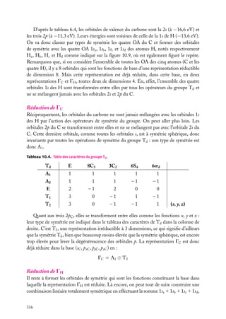 D’après le tableau 6.4, les orbitales de valence du carbone sont la 2s (à −16,6 eV) et
les trois 2p (à −11,3 eV). Leurs énergies sont voisines de celle de la 1s de H (−13,6 eV).
On va donc classer par types de symétrie les quatre OA du C et former des orbitales
de symétrie avec les quatre OA 1sa , 1sb , 1sc et 1sd des atomes H, notés respectivement
Ha , Hb , Hc et Hd comme indiqué sur la ﬁgure 10.9, où est également ﬁguré le repère.
Remarquons que, si on considère l’ensemble de toutes les OA des cinq atomes (C et les
quatre H), il y a 8 orbitales qui sont les fonctions de base d’une représentation réductible
de dimension 8. Mais cette représentation est déjà réduite, dans cette base, en deux
représentations GC et GH , toutes deux de dimensions 4. En, effet, l’ensemble des quatre
orbitales 1s des H sont transformées entre elles par tous les opérateurs du groupe Td et
ne se mélangent jamais avec les orbitales 2s et 2p du C.

Réduction de GC
Réciproquement, les orbitales du carbone ne sont jamais mélangées avec les orbitales 1s
des H par l’action des opérateurs de symétrie du groupe. On peut aller plus loin. Les
orbitales 2p du C se transforment entre elles et ne se mélangent pas avec l’orbitale 2s du
C. Cette dernière orbitale, comme toutes les orbitales s, est à symétrie sphérique, donc
invariante par toutes les opérations de symétrie du groupe Td : son type de symétrie est
donc A1 .
Tableau 10.4. Table des caractères du groupe Td .

Td

E

8C3

3C2

6S4

6sd

A1

1

1

1

1

1

A2

1

1

1

–1

–1

E

2

–1

2

0

0

T1

3

0

–1

1

–1

T2

3

0

–1

–1

1

(x, y, z)

Quant aux trois 2pC , elles se transforment entre elles comme les fonctions x, y et z :
leur type de symétrie est indiqué dans le tableau des caractères de Td dans la colonne de
droite. C’est T2 , une représentation irréductible à 3 dimensions, ce qui signiﬁe d’ailleurs
que la symétrie Td , bien que beaucoup moins élevée que la symétrie sphérique, est encore
trop élevée pour lever la dégénérescence des orbitales p. La représentation GC est donc
déjà réduite dans la base (sC , pxC , pyC , pzC ) en :
GC 5 A1 ⊕ T2

Réduction de GH
Il reste à former les orbitales de symétrie qui sont les fonctions constituant la base dans
laquelle la représentation GH est réduite. Là encore, on peut tout de suite construire une
combinaison linéaire totalement symétrique en effectuant la somme 1sa 1 1sb 1 1sc 1 1sd ,
316

 