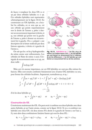 de façon à remplacer les deux OA ns et
np par deux orbitales hybrides ns ± np.
Ces orbitales hybridées sont représentées
schématiquement sur la ﬁgure 10.12. En
construisant ces OA hybrides, on a localisé les orbitales, en ce sens que w1 est
une orbitale qui pointe majoritairement
vers la droite de l’atome a, prête à donner un recouvrement important à droite, et
w2 une orbitale qui pointe vers la gauche
de l’atome a, prête à donner un recouvrement fort à gauche. On a « préparé » une
description de la future molécule par deux
liaisons opposées, à droite et à gauche de
l’atome a.
On sait que les s et les p hydrogénoïdes
du même atome sont orthonormées. Les
orbitales de Slater de même n aussi. L’intégrale de recouvrement entre ns et npz est
donc nulle :

za

zb

+

+

1
a

–

+
pza

sa

b

+
pzb

–

sb

2
+

a

(sa – pza )

3

–

a

b

+

+ b

–

–

–
(sb – pz )
b

+

(sa + pza)

(sb + pzb)

Fig. 10.12. Hybridation sp : 1. les OA s et pz de
même n sur chaque noyau a et b ; 2. les OA hybrides
qui vont donner un recouvrement fort à l’extérieur
de ab (les différences) ; 3. les OA hybrides qui vont
donner un recouvrement fort sur ab (les sommes).

(ns)(npz ) dV
Mais ceci n’a aucune importance, car ces OA hybridées ne sont pas elles-mêmes les
liaisons. Elles sont ensuite combinées linéairement avec d’autres OA, hybridées ou non,
pour former des orbitales localisées. Auparavant, normalisons w1 et w2 :
c2
1
5
c2

(ns 1 npz )2 dV 5 1 5 c2
ns2 dV 1

ns2 1 np2 1 2(ns)(npz ) dV
z

np2 dV 1 2
z

d’où les deux hybrides sp :
1
w1 5 √ (ns 1 npz )
2

(ns)(npz ) dV 5 1 1 1 1 0 5 2

1
c5 √
2
et

1
w2 5 √ (ns − npz )
2

Construction des OL
Construisons maintenant des OL. On peut avoir à combiner nos deux hybrides avec deux
autres hybrides sp sur l’autre atome, comme sur la ﬁgure 10.12. Si on a à combiner nos
hybrides avec deux OA s de deux atomes H à droite et à gauche de l’atome a sur l’axe z,
il y aura alors deux combinaisons linéaires liantes qui sont les deux OL :
1
1
et
c2 5 c3 √ (ns − npz ) 1 c4 1sH2
c1 5 c1 √ (ns 1 npz ) 1 c2 1sH1
2
2
10. ∗ THÉORIE QUANTIQUE DE LA LIAISON CHIMIQUE 2. LES MOLÉCULES POLYATOMIQUES

323

 