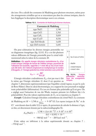 des ions. On a calculé des constantes de Madelung pour plusieurs structures, même pour
des arrangements cristallins qui ne se rencontrent pas dans les cristaux ioniques, dans le
but d’appliquer la description électrostatique aussi à ces cristaux.
Tableau 12.1. Constantes de Madelung de diverses structures.

Constantes de Madelung
type NaCl
1,748
type CsCl
1,763
type CaF2
5,039
type Cu2 O
4,116
type ZnS blende
1,638
type ZnS wurtzite
1,641
On peut schématiser les diverses énergies potentielles sur
un diagramme énergétique (ﬁg. 12.11). Il y a en fait plusieurs
valeurs différentes de l’énergie potentielle pour le cristal tridimensionnel selon la valeur de la constante M.

E

0

Déﬁnition : On appelle énergie réticulaire coulombienne Erét d’un
cristal ionique l’énergie de liaison de l’édiﬁce ionique, provenant de
l’attraction de Coulomb, rapportée à 1 mole AB au lieu d’une molécule AB réelle. On l’obtient simplement en multipliant par le nombre
d’Avogadro N l’énergie potentiel du cristal ramenée à une unité AB :
Erét 5 −N

Me2
4p ´0 d

les 2 ions à l’infini

dipôle
cristal linéaire
cristal 3 dim
Fig. 12.11.
Énergies
potentielles
électrostatique des arrangements
ioniques.

L’énergie réticulaire coulombienne Erét n’est pas tout à fait
la même que l’énergie réticulaire Ur dont il est question au
chapitre 7, déterminée expérimentalement (par l’équilibre cristal/vapeur, ou par le cycle
de Born-Haber). Dans le calcul électrostatique, on a supposé les ions ponctuels et négligé
toute polarisabilité (déformation). Un ion est d’autant plus polarisable qu’il est gros. On
a négligé aussi l’attraction de van der Waals, toujours présente (et d’ailleurs liée à la
polarisabilité). Pour des valeurs expérimentales de Ur , on se reportera au chapitre 7.
Exemple : Calculons l’énergie réticulaire coulombienne du cristal NaCl. La constante
1
de Madelung est M 5 1,748 et
5 9 · 109 S.I. Les rayons ioniques de Na1 et de
4p ´0
Cl− sont donnés dans la table 12.2 ci-après ; ils permettent de calculer la distance d (qui,
en fait, est directement donnée par la radiocristallographie X).
Erét (NaCl) 5 −

1,748 3 (1,6 · 10−19 )2 3 9 · 109 3 6 · 1023
(0,1 1 0,181) 3 10−9

5 −860 kJ · mol−1 5 −205 kcal · mol−1 .
Cette valeur est inférieure à la valeur expérimentale donnée au chapitre 7 :
−770 kJ · mol−1 .
12. CRISTALLOCHIMIE

389

 
