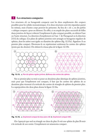 5

Les structures compactes

Les structures cfc ou hexagonale compacte sont les deux empilements dits compacts
possibles pour les solides monoatomiques. Ces deux structures sont très répandues parmi
les métaux, mais d’autres corps peuvent les présenter. Au lieu de « cfc », on dit parfois
« cubique compact » pour un élément. En effet, si on empile des plans successifs de billes
dures jointives de façon à obtenir l’empilement le plus compact possible, on obtient l’une
ou l’autre structure. La direction d’empilement est l’axe c de l’hexagonal ou la direction
[111] du cubique. Ces plans de sphères jointives sont arrangés en hexagones réguliers de
sphères, dont les arêtes sont égales au diamètre des sphères (ﬁg. 12.15a). Appelons A un
premier plan compact. Dessinons-le en représentant seulement les centres des sphères
(joints par des droites). On obtient le réseau plan de la ﬁgure 12.15b.
a

b

Fig. 12.15. a. Plan de sphères rigides jointives. b.Réseau des centres des sphères.

Sur ce premier plan va venir se poser un deuxième plan identique de sphères jointives,
mais pour que l’empilement soit compact, il faut que les centres des sphères de ce
deuxième plan viennent à la verticale des centres de triangles de sphères du premier plan.
La superposition des deux plans donne la ﬁgure 12.16a.
a

b

A

A
B

B
C

Fig. 12.16. a. Empilement compact de deux plans AB. b. Empilement compact ABC.

On s’aperçoit que seul un triangle sur deux du plan A voit une sphère du plan B venir
à la verticale de son centre. L’empilement est néanmoins compact.
12. CRISTALLOCHIMIE

393

 