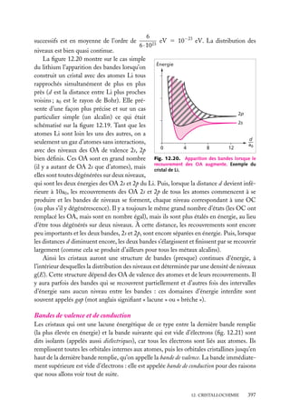 successifs est en moyenne de l’ordre de

6
eV 5 10−23 eV. La distribution des
6 · 1023

niveaux est bien quasi continue.
La ﬁgure 12.20 montre sur le cas simple
Énergie
du lithium l’apparition des bandes lorsqu’on
construit un cristal avec des atomes Li tous
rapprochés simultanément de plus en plus
près (d est la distance entre Li plus proches
voisins ; a0 est le rayon de Bohr). Elle présente d’une façon plus précise et sur un cas
2p
particulier simple (un alcalin) ce qui était
2s
schématisé sur la ﬁgure 12.19. Tant que les
atomes Li sont loin les uns des autres, on a
d
—
seulement un gaz d’atomes sans interactions,
a0
0
4
8
12
avec des niveaux des OA de valence 2s, 2p
bien déﬁnis. Ces OA sont en grand nombre Fig. 12.20. Apparition des bandes lorsque le
(il y a autant de OA 2s que d’atomes), mais recouvrement des OA augmente. Exemple du
cristal de Li.
elles sont toutes dégénérées sur deux niveaux,
qui sont les deux énergies des OA 2s et 2p du Li. Puis, lorsque la distance d devient inférieure à 10a0 , les recouvrements des OA 2s et 2p de tous les atomes commencent à se
produire et les bandes de niveaux se forment, chaque niveau correspondant à une OC
(ou plus s’il y dégénérescence). Il y a toujours le même grand nombre d’états (les OC ont
remplacé les OA, mais sont en nombre égal), mais ils sont plus étalés en énergie, au lieu
d’être tous dégénérés sur deux niveaux. À cette distance, les recouvrements sont encore
peu importants et les deux bandes, 2s et 2p, sont encore séparées en énergie. Puis, lorsque
les distances d diminuent encore, les deux bandes s’élargissent et ﬁnissent par se recouvrir
largement (comme cela se produit d’ailleurs pour tous les métaux alcalins).
Ainsi les cristaux auront une structure de bandes (presque) continues d’énergie, à
l’intérieur desquelles la distribution des niveaux est déterminée par une densité de niveaux
g(E). Cette structure dépend des OA de valence des atomes et de leurs recouvrements. Il
y aura parfois des bandes qui se recouvrent partiellement et d’autres fois des intervalles
d’énergie sans aucun niveau entre les bandes : ces domaines d’énergie interdite sont
souvent appelés gap (mot anglais signiﬁant « lacune » ou « brèche »).

Bandes de valence et de conduction
Les cristaux qui ont une lacune énergétique de ce type entre la dernière bande remplie
(la plus élevée en énergie) et la bande suivante qui est vide d’électrons (ﬁg. 12.21) sont
dits isolants (appelés aussi diélectriques), car tous les électrons sont liés aux atomes. Ils
remplissent toutes les orbitales internes aux atomes, puis les orbitales cristallines jusqu’en
haut de la dernière bande remplie, qu’on appelle la bande de valence. La bande immédiatement supérieure est vide d’électrons : elle est appelée bande de conduction pour des raisons
que nous allons voir tout de suite.
12. CRISTALLOCHIMIE

397

 