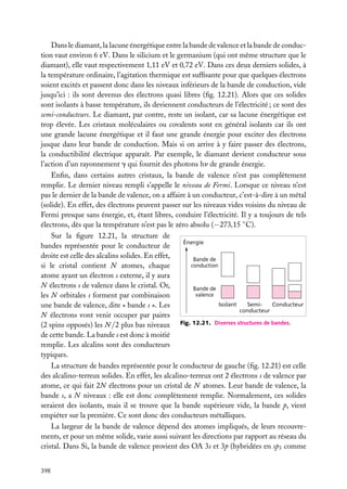 Dans le diamant, la lacune énergétique entre la bande de valence et la bande de conduction vaut environ 6 eV. Dans le silicium et le germanium (qui ont même structure que le
diamant), elle vaut respectivement 1,11 eV et 0,72 eV. Dans ces deux derniers solides, à
la température ordinaire, l’agitation thermique est sufﬁsante pour que quelques électrons
soient excités et passent donc dans les niveaux inférieurs de la bande de conduction, vide
jusqu’ici : ils sont devenus des électrons quasi libres (ﬁg. 12.21). Alors que ces solides
sont isolants à basse température, ils deviennent conducteurs de l’électricité ; ce sont des
semi-conducteurs. Le diamant, par contre, reste un isolant, car sa lacune énergétique est
trop élevée. Les cristaux moléculaires ou covalents sont en général isolants car ils ont
une grande lacune énergétique et il faut une grande énergie pour exciter des électrons
jusque dans leur bande de conduction. Mais si on arrive à y faire passer des électrons,
la conductibilité électrique apparaît. Par exemple, le diamant devient conducteur sous
l’action d’un rayonnement g qui fournit des photons hn de grande énergie.
Enﬁn, dans certains autres cristaux, la bande de valence n’est pas complètement
remplie. Le dernier niveau rempli s’appelle le niveau de Fermi. Lorsque ce niveau n’est
pas le dernier de la bande de valence, on a affaire à un conducteur, c’est-à-dire à un métal
(solide). En effet, des électrons peuvent passer sur les niveaux vides voisins du niveau de
Fermi presque sans énergie, et, étant libres, conduire l’électricité. Il y a toujours de tels
électrons, dès que la température n’est pas le zéro absolu (−273,15 ◦ C).
Sur la ﬁgure 12.21, la structure de
Énergie
bandes représentée pour le conducteur de
droite est celle des alcalins solides. En effet,
Bande de
conduction
si le cristal contient N atomes, chaque
atome ayant un électron s externe, il y aura
N électrons s de valence dans le cristal. Or,
Bande de
valence
les N orbitales s forment par combinaison
Isolant
SemiConducteur
une bande de valence, dite « bande s ». Les
conducteur
N électrons vont venir occuper par paires
(2 spins opposés) les N /2 plus bas niveaux Fig. 12.21. Diverses structures de bandes.
de cette bande. La bande s est donc à moitié
remplie. Les alcalins sont des conducteurs
typiques.
La structure de bandes représentée pour le conducteur de gauche (ﬁg. 12.21) est celle
des alcalino-terreux solides. En effet, les alcalino-terreux ont 2 électrons s de valence par
atome, ce qui fait 2N électrons pour un cristal de N atomes. Leur bande de valence, la
bande s, a N niveaux : elle est donc complètement remplie. Normalement, ces solides
seraient des isolants, mais il se trouve que la bande supérieure vide, la bande p, vient
empiéter sur la première. Ce sont donc des conducteurs métalliques.
La largeur de la bande de valence dépend des atomes impliqués, de leurs recouvrements, et pour un même solide, varie aussi suivant les directions par rapport au réseau du
cristal. Dans Si, la bande de valence provient des OA 3s et 3p (hybridées en sp3 comme
398

 