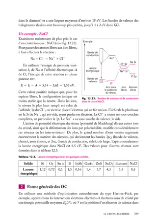 dans le diamant) et a une largeur moyenne d’environ 15 eV. Les bandes de valence des
halogénures alcalins sont beaucoup plus petites, jusqu’à 1 à 2 eV dans KCl.

Un exemple : NaCl
Examinons maintenant de plus près le cas
d’un cristal ionique : NaCl (voir ﬁg. 12.22).
Pour passer des atomes libres aux ions libres,
il faut effectuer la réaction :
Na 1 Cl → Na1 1 Cl−
En utilisant l’énergie de première ionisation I1 de Na et l’afﬁnité électronique A
de Cl, l’énergie de cette réaction en phase
gazeuse est :

Énergie

Bande de
conduction

Na+
Cl– 3p

Lacune
énergétique
Bande de
valence

E 5 I1 − A 5 5,14 − 3,61 5 1,53 eV.

Na 3s

Na+ 3s
Cl 3p
Cl–
Ions dans
le potentiel
du réseau

Ions Atomes
libres libres

Cette valeur positive indique que, pour les
espèces libres, la conﬁguration ionique est
Fig. 12.22. Bandes de valence et de conduction
moins stable que la neutre. Dans les ions, dans le cristal NaCl.
le niveau le plus haut rempli est celui de
l’orbitale 3p du Cl− , où vient se placer l’électron qui en fait un ion. L’orbitale la plus basse
est la 3s du Na1 , qui est vide, ayant perdu son électron. Le Cl− a toutes ses sous-couches
complètes, en particulier la 3p. Le Na1 a sa sous-couche de valence 3s vide.
L’action du potentiel électrique du réseau (potentiel de Madelung) dû aux autres ions
du cristal, ainsi que la déformation des ions par polarisabilité, modiﬁe considérablement
ces niveaux en les intervertissant. De plus, le grand nombre d’ions voisins augmente
énormément le nombre des niveaux, qui deviennent les bandes 3pCl (bande de valence,
pleine), assez étroite, et 3sNa (bande de conduction, vide), très large. Expérimentalement
la lacune énergétique dans NaCl est 8,5 eV. Des valeurs pour d’autres cristaux sont
données dans le tableau 12.3.
Tableau 12.3. Lacune énergétique (eV) de quelques solides.

Solide

Si

Ge

Lacune
1,12 0,72
énergétique

2

Sn a

B

InSb GaAs ZnS SnO2 diamant NaCl

0,1

1,5

0,16

1,4

3,7

4,3

5,5

8,5

Forme générale des OC

En utilisant une méthode d’optimisation autocohérente du type Hartree-Fock, par
exemple, approximons les interactions électrons-électrons et électrons-ions du cristal par
une énergie potentielle moyenne Ep ( r ), où r est la position d’un électron de valence dans
12. CRISTALLOCHIMIE

399

 