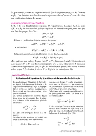 Si, par exemple, un état est dégénéré trois fois (ou de dégénérescence g 5 3), l’état est
triplet. Des fonctions sont linéairement indépendantes lorsqu’aucune d’entre elles n’est
une combinaison linéaire des autres.

Solutions quelconques de l’équation
Si C1 et C2 sont deux fonctions propres de H, respectivement d’énergies E1 et E2 , alors
c1 C1 1 c2 C2 est aussi solution, puisque l’équation est linéaire homogène, mais n’est pas
une fonction propre. En effet :
HC1 5 E1 C1
HC2 5 E2 C2
Faisons la combinaison linéaire membre à membre :
c1 HC1 1 c2 HC2 5 c1 E1 C1 1 c2 E2 C2
H est linéaire :
H(c1 C1 1 c2 C2 ) 5 c1 E1 C1 1 c2 E2 C2
Si la combinaison linéaire était fonction propre de H, on aurait :
H(c1 C1 1 c2 C2 ) 5 E(c1 C1 1 c2 C2 )
alors qu’ici, on a un mélange de deux états C1 et C2 , d’énergies E1 et E2 . C’est seulement
dans le cas où C1 et C2 sont des fonctions propres avec la même valeur propre E (le niveau
E étant alors dégénéré) que c1 C1 1 c2 C2 est aussi fonction propre, avec encore la même
valeur propre E. Mais alors, le niveau E est dégénéré (au moins) deux fois.

Déduction de l’équation de Schrödinger de la formule de de Broglie
On peut retrouver l’équation de Schrödinger à partir de la formule de de Broglie et de
l’équation différentielle qui régit la propagation de toute onde (optique ou acoustique).
Raisonnons à une dimension spatiale x pour
plus de simplicité.
Les formes (amplitudes) possibles F(x, t)
d’une onde qui se propage dans la direction x doivent obéir à l’équation générale
des ondes :
l2

≠2 F
1 ≠2 F
5 2 2
≠x2
n ≠t

où l et n sont la longueur d’onde et la fréquence.
On cherche des solutions qui soient des
ondes stationnaires, donc de la forme :
F(x, t) 5 C(x)· cos 2pnt

Au cours du temps, F oscille sinusoïdalement avec la fréquence n, son amplitude
C(x) variant avec la position x d’une manière
qui n’est pas forcément sinusoïdale.
Substituons cette expression dans l’équation
de propagation des ondes ; on arrive à la
nouvelle équation :
≠2 C
1
5 −4p2 · 2 ·C(x)
≠x2
l
Il est à noter que l’on serait arrivé au même
résultat avec sin 2pnt ou exp(i2pnt) à la
place de cos 2pnt. Introduisons maintenant
la formule de de Broglie (éq. 2.1) :
l5

h
p

≠2 C
p2
5 −4p2 · 2 ·C(x)
≠x2
h

2. LA MÉCANIQUE QUANTIQUE

41

 