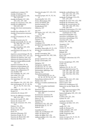empilement compact 393
energie d’echange 174
´
´
energie de dissociation 150,
´
203, 223–227
energie de liaison 197, 203,
´
223, 226, 227, 240
energie de resonance 210, 336
´
´
energie de sublimation
´
223–225, 228
energie des etats stationnaires
´
´
25
energie des orbitales 96, 197
´
energie d’interaction moyenne
´
165
energie d’ionisation 28, 146,
´
154
energie du point zero 81
´
´
energie potentielle 20, 61, 65,
´
94, 180–182, 211, 230,
253, 299, 329
energie reticulaire 223, 225,
´
´
226, 387, 403
entraı
ˆnement du noyau 29, 94,
127
equation caracteristique 58, 84
´
´
equation de Dirac 117, 119, 121
´
equation de Hartree 160, 163
´
equation de Hartree-Fock 174
´
equation integrodifferentielle
´
´
´
165, 175
equation seculaire 58, 84
´
´
equation transcendante 68
´
equation de Roothaan 249
´
espace de conﬁguration 39
etat doublet 185
´
etat multiplet 40, 187, 193
´
etat ortho 134, 135
´
etat para 134, 135
´
etat quantique 97, 117, 124,
´
129
etat singulet 134, 135, 185, 194
´
etat stationnaire 25, 37, 40, 54,
´
59, 61, 96, 97, 112, 114,
400
etat triplet 41, 134, 185, 194
´
Ewald 417
extinction de reseau 415
´
facteur de diffusion atomique
408, 414, 420
facteur de Lande 195, 200
´
facteur de reseau 415
´
facteur de structure 411, 414,
418
Fedorov 374, 376
´
Fermi 181, 182, 233
fermion 132, 182
Fock 177
fonction d’Hermite 233
fonction d’onde 38, 42
fonction de Bloch 402, 403
fonction de Dirac 417

446

fonction de spin 117, 124, 133,
135
fonction propre 40, 51, 52, 54,
62
fonctionnelle 162, 174
forme allotropique 381
forme de Kekule 209
´ ´
fraction ionique 276
Frankenheim 372
fullerene 327
`
gap 397
gaz inerte 144, 147, 151, 154,
186, 202
Geiger 19
generateur 286
´ ´
Germer 34
Gillespie 221
Goudsmit 196
grandeur incompatible 45, 49,
56, 62
grandeur observable 49, 51, 131
groupe des translations 374,
379
groupe monogene 368
`
groupe ponctuel 283, 302, 368,
378
groupe spatial 374, 379
groupe symmorphe 377
halogene 152
`
halogenure alcalin 152
´
hamiltonien 39, 62, 230
hamiltonien de cœur 169
harmonique spherique 103
´
Hartree 160
Heisenberg (principe
d’incertitude de) 23, 39,
45, 46, 49, 55, 56, 62, 182
Heisenberg (relation de) 49
Heitler 221, 234
Heitler et London (methode de)
´
278
Heitler et London (methode)
´
234, 254
Hermann 378
Hermann-Mauguin (notation)
282, 285
hermitienne (matrice) 59
hermitienne (symetrie) 60
´
Hertz 15, 16
holoedrie 371
´
Huckel 336
¨
hybridation 321, 322, 354
hydrogenoı 22, 31, 93
´ ¨de
hydrure 152
incandescence 8
indice de coordination 337
indice de liaison 267
indice de Miller 362, 378
indiscernabilite 131, 138, 155,
´
166, 188

integrale coulombienne 162,
´
172, 174, 176, 177, 179,
188, 238, 249, 330
integrale d’echange 173–175,
´
´
177, 179, 239
integrale de cœur 162, 177, 330
´
integrale de resonance 330
´
´
integrale de recouvrement 84,
´
162, 235, 242, 249, 266,
298, 330, 337
integrale d’interaction 173, 249
´
interaction de conﬁgurations
(methode de l’) 180
´
interaction hyperﬁne 197
interstice octaedrique 394
´
interstice tetraedrique 394
´ ´
inversion 257, 265
isolant 397, 398, 403
Jacquinot 134
James 240
Jordan 46, 55, 376
Keesom 220
Kekule 209
´ ´
ket (vecteur) 59
Kolos 240
Koopmans (theoreme de) 179,
´ `
198
lacune energetique 397, 398
´
´
Lamb 123
Landau 23
laplacien 38, 48, 96, 127
levee de degenerescence 91,
´
´ ´ ´
120, 156, 184, 187, 190,
193, 196, 200, 297, 339,
342, 344–346, 352, 354,
355
Lewis 204
liaison p 203, 263, 277, 330
liaison s 203, 277
liaison dative 204
liaison de coordination 337
liaison de van der Waals 228,
381
liaison donneur-accepteur 204,
206, 208, 216, 337
liaison hydrogene 228, 337, 381
`
ligand 337
London 220, 221, 234
Lyman 10, 135
methode CLOA 258
´
magneton de Bohr 115, 119,
´
195
maille 357, 378
maille de Bravais 371
maille multiples 359, 415
maille primitive 359
maille reciproque 365
´
Marsden 19
masse au repos 18, 19, 26, 34
masse reduite 30, 94
´

 