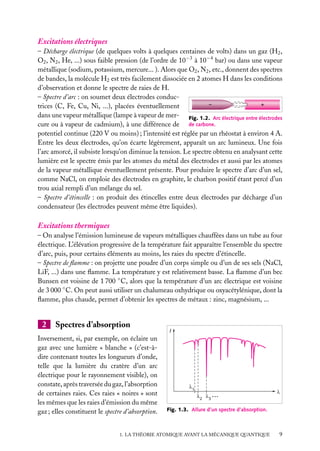 Excitations électriques
– Décharge électrique (de quelques volts à quelques centaines de volts) dans un gaz (H2 ,
O2 , N2 , He, ...) sous faible pression (de l’ordre de 10−3 à 10−4 bar) ou dans une vapeur
métallique (sodium, potassium, mercure... ). Alors que O2 , N2 , etc., donnent des spectres
de bandes, la molécule H2 est très facilement dissociée en 2 atomes H dans les conditions
d’observation et donne le spectre de raies de H.
– Spectre d’arc : on soumet deux électrodes conduc–
+
trices (C, Fe, Cu, Ni, ...), placées éventuellement
dans une vapeur métallique (lampe à vapeur de mer- Fig. 1.2. Arc électrique entre électrodes
cure ou à vapeur de cadmium), à une différence de de carbone.
potentiel continue (220 V ou moins) ; l’intensité est réglée par un rhéostat à environ 4 A.
Entre les deux électrodes, qu’on écarte légèrement, apparaît un arc lumineux. Une fois
l’arc amorcé, il subsiste lorsqu’on diminue la tension. Le spectre obtenu en analysant cette
lumière est le spectre émis par les atomes du métal des électrodes et aussi par les atomes
de la vapeur métallique éventuellement présente. Pour produire le spectre d’arc d’un sel,
comme NaCl, on emploie des électrodes en graphite, le charbon positif étant percé d’un
trou axial rempli d’un mélange du sel.
– Spectre d’étincelle : on produit des étincelles entre deux électrodes par décharge d’un
condensateur (les électrodes peuvent même être liquides).

Excitations thermiques
– On analyse l’émission lumineuse de vapeurs métalliques chauffées dans un tube au four
électrique. L’élévation progressive de la température fait apparaître l’ensemble du spectre
d’arc, puis, pour certains éléments au moins, les raies du spectre d’étincelle.
– Spectre de ﬂamme : on projette une poudre d’un corps simple ou d’un de ses sels (NaCl,
LiF, ...) dans une ﬂamme. La température y est relativement basse. La ﬂamme d’un bec
Bunsen est voisine de 1 700 ◦ C, alors que la température d’un arc électrique est voisine
de 3 000 ◦ C. On peut aussi utiliser un chalumeau oxhydrique ou oxyacétylénique, dont la
ﬂamme, plus chaude, permet d’obtenir les spectres de métaux : zinc, magnésium, ...

2

Spectres d’absorption

Inversement, si, par exemple, on éclaire un
gaz avec une lumière « blanche » (c’est-àdire contenant toutes les longueurs d’onde,
telle que la lumière du cratère d’un arc
électrique pour le rayonnement visible), on
constate, après traversée du gaz, l’absorption
de certaines raies. Ces raies « noires » sont
les mêmes que les raies d’émission du même
gaz ; elles constituent le spectre d’absorption.

I

1
2

3

...

Fig. 1.3. Allure d’un spectre d’absorption.

1. LA THÉORIE ATOMIQUE AVANT LA MÉCANIQUE QUANTIQUE

9

 