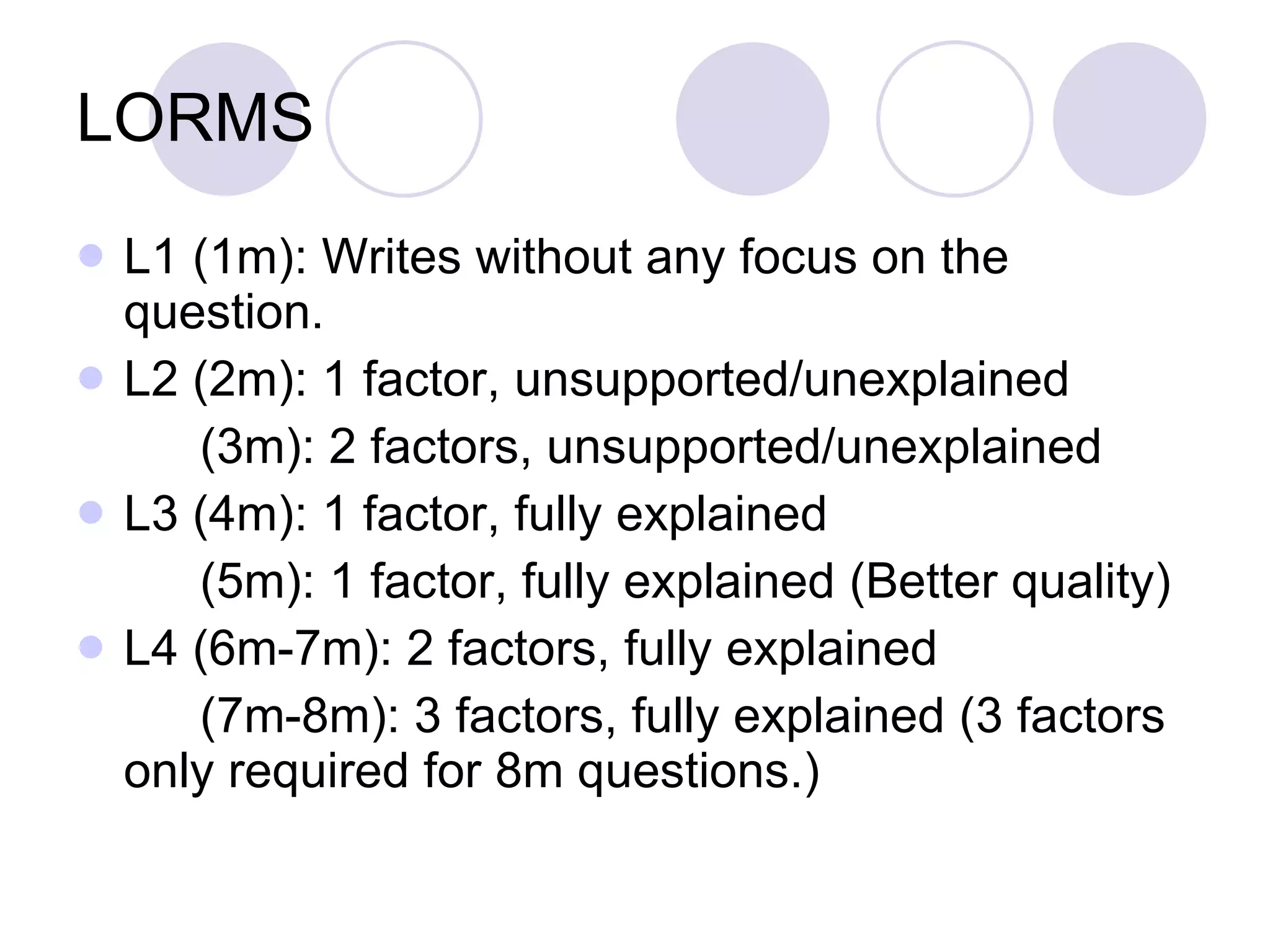 LORMS L1 (1m): Writes without any focus on the question. L2 (2m): 1 factor, unsupported/unexplained  (3m): 2 factors, unsupported/unexplained  L3 (4m): 1 factor, fully explained  (5m): 1 factor, fully explained (Better quality) L4 (6m-7m): 2 factors, fully explained  (7m-8m): 3 factors, fully explained (3 factors only required for 8m questions.) 