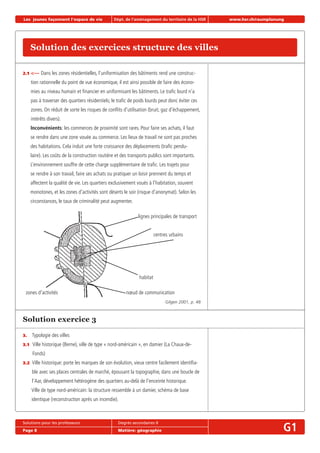 Les jeunes façonnent l‘espace de vie Dépt. de l‘aménagement du territoire de la HSR www.hsr.ch/raumplanung
Solutions pour les professeurs Degrés secondaires II
Page 8 Matière: géographie G1
2.1 <--- Dans les zones résidentielles, l’uniformisation des bâtiments rend une construc-
tion rationnelle du point de vue économique, il est ainsi possible de faire des écono-
mies au niveau humain et ﬁnancier en uniformisant les bâtiments. Le traﬁc lourd n’a
pas à traverser des quartiers résidentiels; le traﬁc de poids lourds peut donc éviter ces
zones. On réduit de sorte les risques de conﬂits d’utilisation (bruit, gaz d’échappement,
intérêts divers).
Inconvénients: les commerces de proximité sont rares. Pour faire ses achats, il faut
se rendre dans une zone vouée au commerce. Les lieux de travail ne sont pas proches
des habitations. Cela induit une forte croissance des déplacements (traﬁc pendu-
laire). Les coûts de la construction routière et des transports publics sont importants.
L’environnement souffre de cette charge supplémentaire de traﬁc. Les trajets pour
se rendre à son travail, faire ses achats ou pratiquer un loisir prennent du temps et
affectent la qualité de vie. Les quartiers exclusivement voués à l’habitation, souvent
monotones, et les zones d’activités sont déserts le soir (risque d’anonymat). Selon les
circonstances, le taux de criminalité peut augmenter.
Solution exercice 3
3. Typologie des villes
3.1 Ville historique (Berne), ville de type « nord-américain », en damier (La Chaux-de-
Fonds)
3.2 Ville historique: porte les marques de son évolution, vieux centre facilement identiﬁa-
ble avec ses places centrales de marché, épousant la topographie, dans une boucle de
l’Aar, développement hétérogène des quartiers au-delà de l’enceinte historique.
Ville de type nord-américain: la structure ressemble à un damier, schéma de base
identique (reconstruction après un incendie).
Gilgen 2001, p. 48
Solution des exercices structure des villes
centres urbains
habitat
zones d’activités
lignes principales de transport
nœud de communication
 
