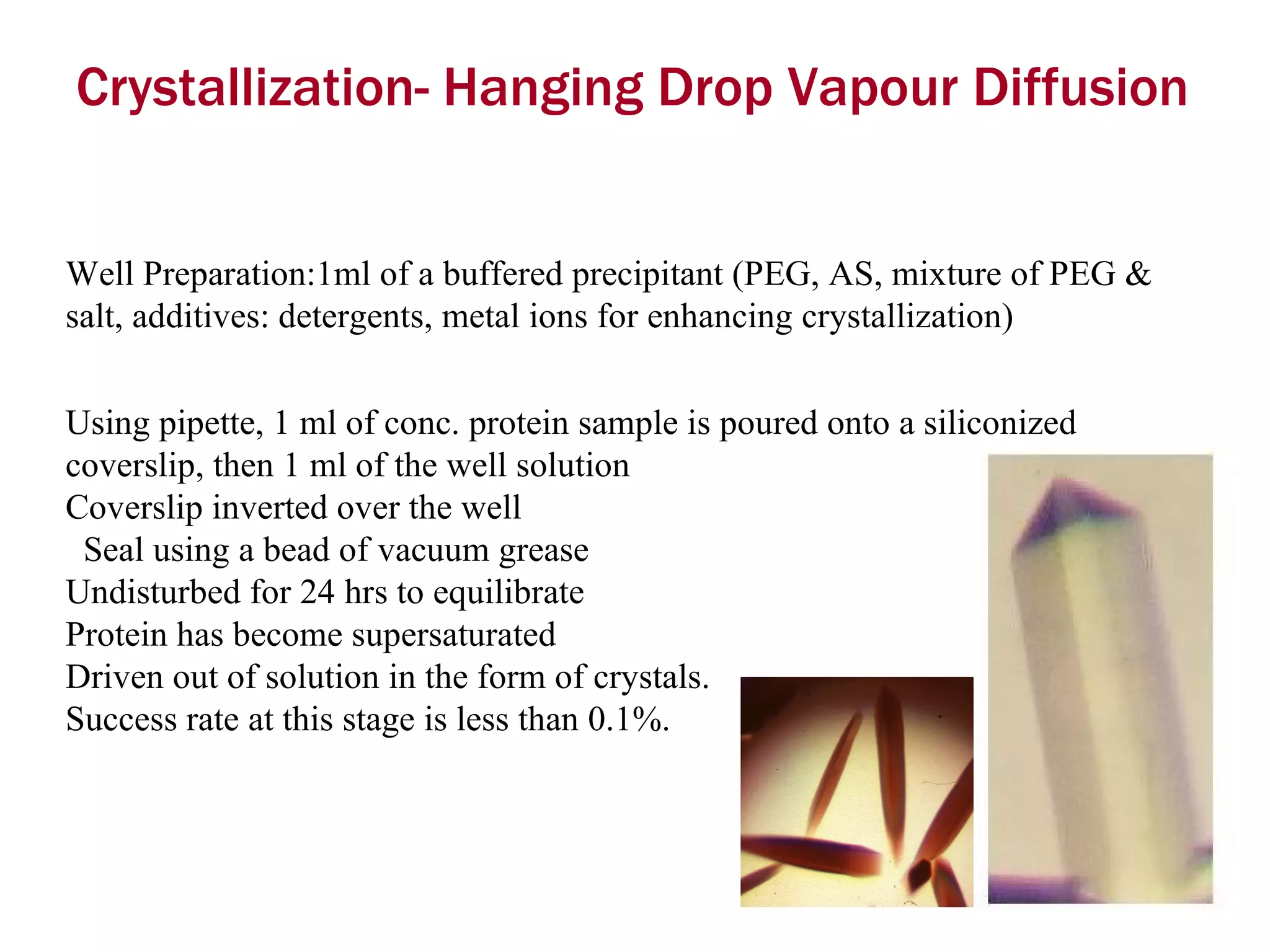 Crystallization- Hanging Drop Vapour Diffusion Well Preparation:1ml of a buffered precipitant (PEG, AS, mixture of PEG & salt, additives: detergents, metal ions for enhancing crystallization) Using pipette, 1 ml of conc. protein sample is poured onto a siliconized coverslip, then 1 ml of the well solution   Coverslip inverted over the well  Seal using a bead of vacuum grease  Undisturbed for 24 hrs to equilibrate  Protein has become supersaturated  Driven out of solution in the form of crystals.  Success rate at this stage is less than 0.1%.  