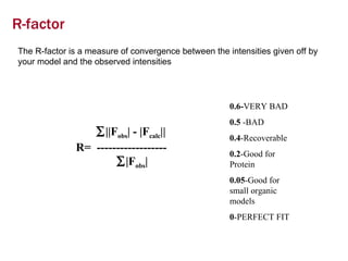 R-factor The R-factor is a measure of convergence between the intensities given off by your model and the observed intensities  ||F obs | - |F calc || R=  ------------------    |F obs | 0.6- VERY BAD 0.5  -BAD 0.4 -Recoverable 0.2 -Good for Protein 0.05 -Good for small organic models 0 -PERFECT FIT 