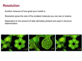 Resolution Another measure of how good your model is. Resolution gives the size of the smallest molecule you can see or resolve.  Dependent on the amount of data ultimately phased and used in structure determination. 
