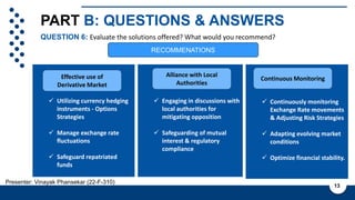 PART B: QUESTIONS & ANSWERS
QUESTION 6: Evaluate the solutions offered? What would you recommend?
13
Presenter: Vinayak Phansekar (22-F-310)
 Utilizing currency hedging
instruments - Options
Strategies
 Manage exchange rate
fluctuations
 Safeguard repatriated
funds
 Engaging in discussions with
local authorities for
mitigating opposition
 Safeguarding of mutual
interest & regulatory
compliance
 Continuously monitoring
Exchange Rate movements
& Adjusting Risk Strategies
 Adapting evolving market
conditions
 Optimize financial stability.
RECOMMENATIONS
Effective use of
Derivative Market
Alliance with Local
Authorities
Continuous Monitoring
 