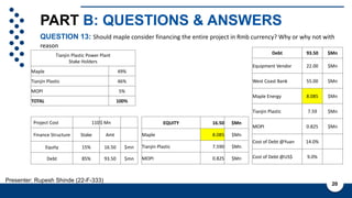 PART B: QUESTIONS & ANSWERS
QUESTION 13: Should maple consider financing the entire project in Rmb currency? Why or why not with
reason
20
Presenter: Rupesh Shinde (22-F-333)
Tianjin Plastic Power Plant
Stake Holders
Maple 49%
Tianjin Plastic 46%
MOPI 5%
TOTAL 100%
Project Cost 110$ Mn
Finance Structure Stake Amt
Equity 15% 16.50 $mn
Debt 85% 93.50 $mn
EQUITY 16.50 $Mn
Maple 8.085 $Mn
Tianjin Plastic 7.590 $Mn
MOPI 0.825 $Mn
Debt 93.50 $Mn
Equipment Vendor 22.00 $Mn
West Coast Bank 55.00 $Mn
Maple Energy 8.085 $Mn
Tianjin Plastic 7.59 $Mn
MOPI 0.825 $Mn
Cost of Debt @Yuan 14.0%
Cost of Debt @US$ 9.0%
 