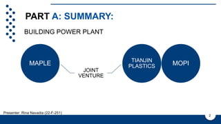 PART A: SUMMARY:
This is a sample text. Insert your desired text
here. This is a sample text. Insert your
desired text here. This is a sample text. This
is a sample text. Insert your desired text here.
Company Vision
This is a sample text. Insert your desired text
here. This is a sample text. Insert your
desired text here. This is a sample text. This
is a sample text. Insert your desired text here.
Presenter: Rina Navadia (22-F-251)
2
MAPLE
JOINT
VENTURE
TIANJIN
PLASTICS MOPI
BUILDING POWER PLANT
 