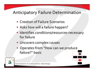 Anticipatory Failure Determination
 • Creation of Failure Scenarios
 • Asks how will a failure happen?
 • Identifies conditions/resources necessary 
   for failure
 • Uncovers complex causes
 • Operates from “How can we produce 
   failure?” basis
                                                   Analyze the Problem




                                                      What to Try?




                                      Principles       Prediction        Effects




                                             YES
                                                   Solution Cause New 
                                                       Problems?


                                                              NO




                                                       Implement
 