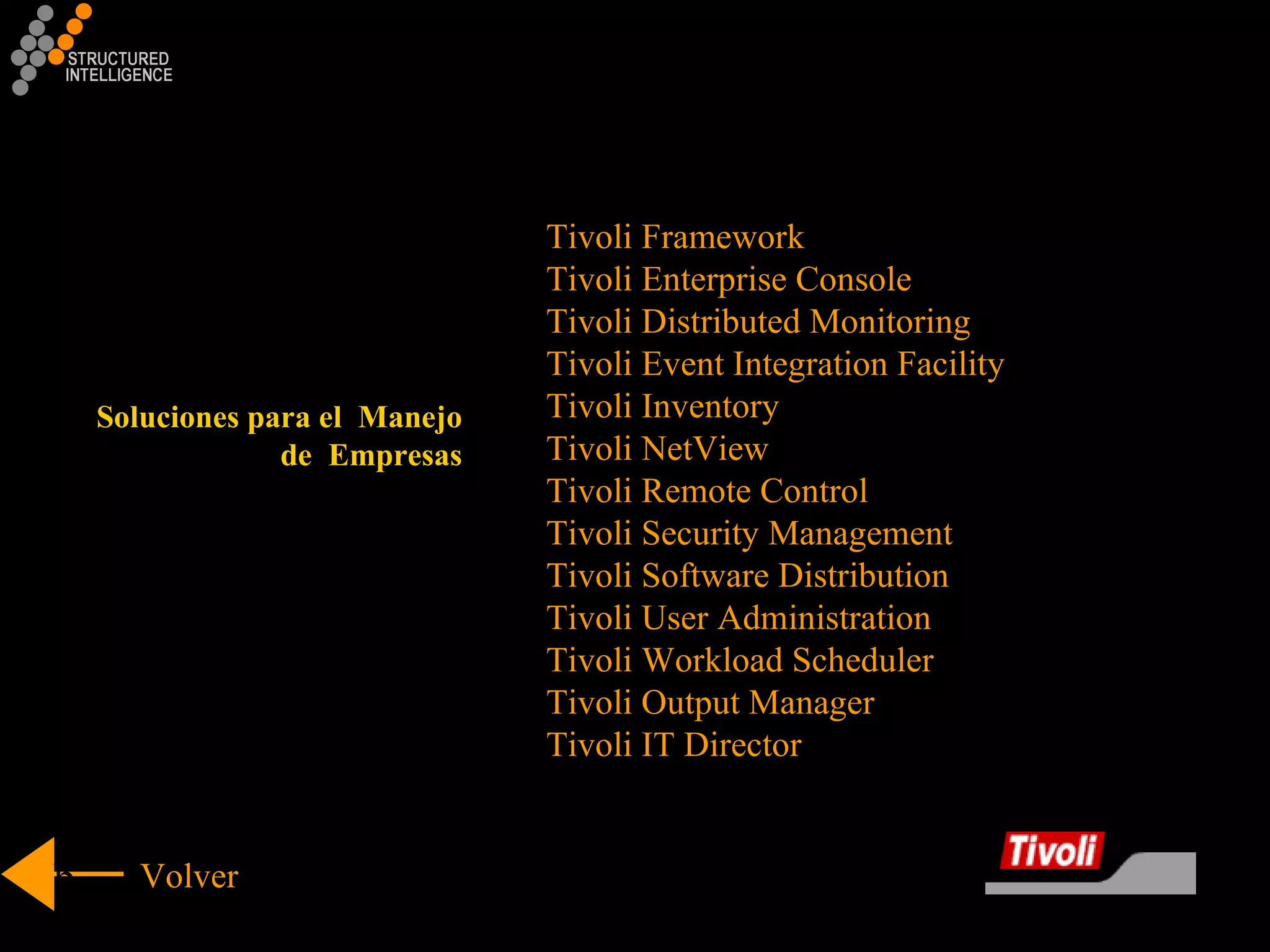 Tivoli Framework Tivoli Enterprise Console  Tivoli Distributed Monitoring  Tivoli Event Integration Facility Tivoli Inventory Tivoli NetView Tivoli Remote Control Tivoli Security Management Tivoli Software Distribution Tivoli User Administration Tivoli Workload Scheduler Tivoli Output Manager Tivoli IT Director b Volver Soluciones para el  Manejo de  Empresas 