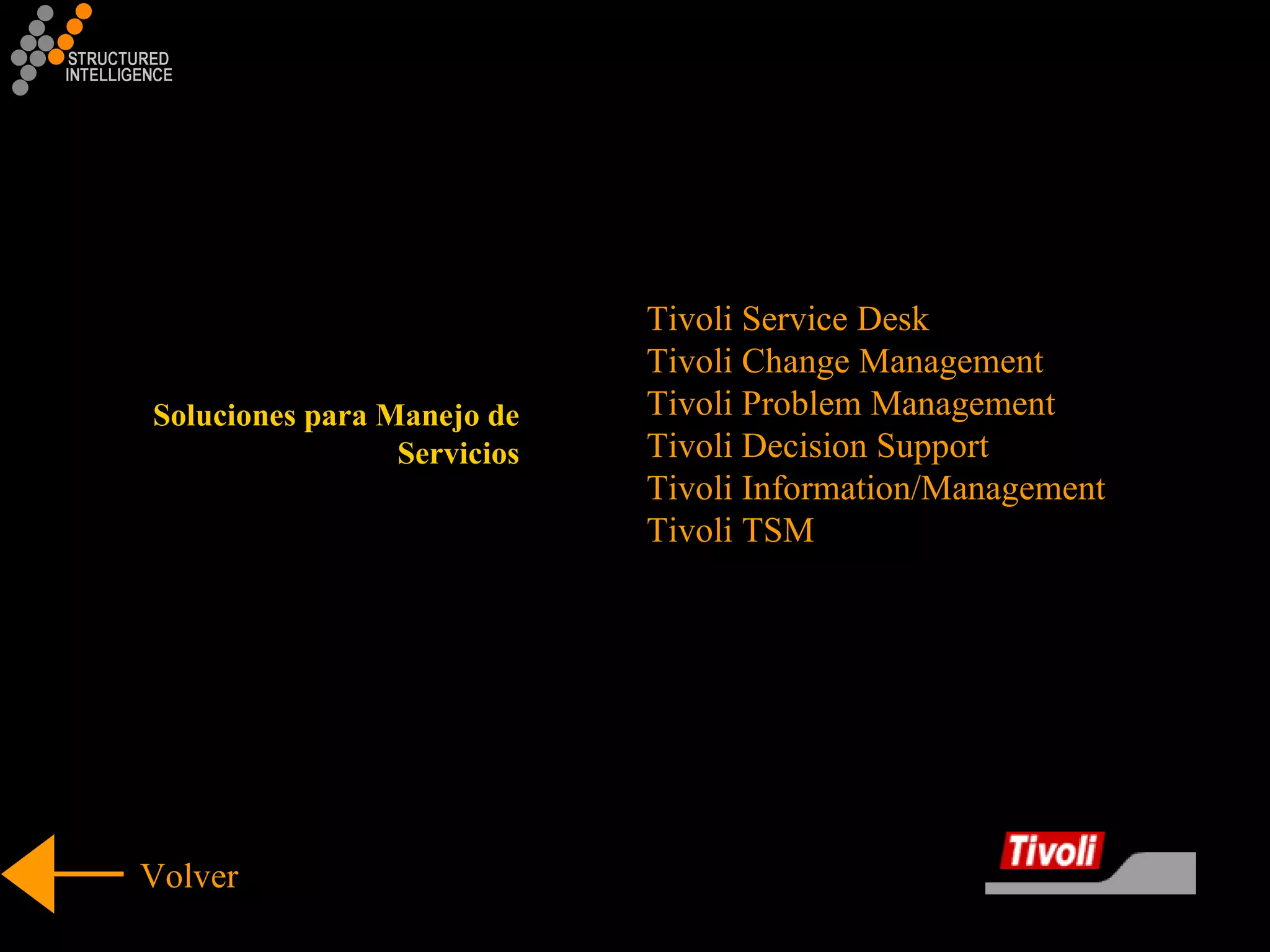 Tivoli Service Desk Tivoli Change Management Tivoli Problem Management Tivoli Decision Support Tivoli Information/Management Tivoli TSM Volver Soluciones para Manejo de Servicios 