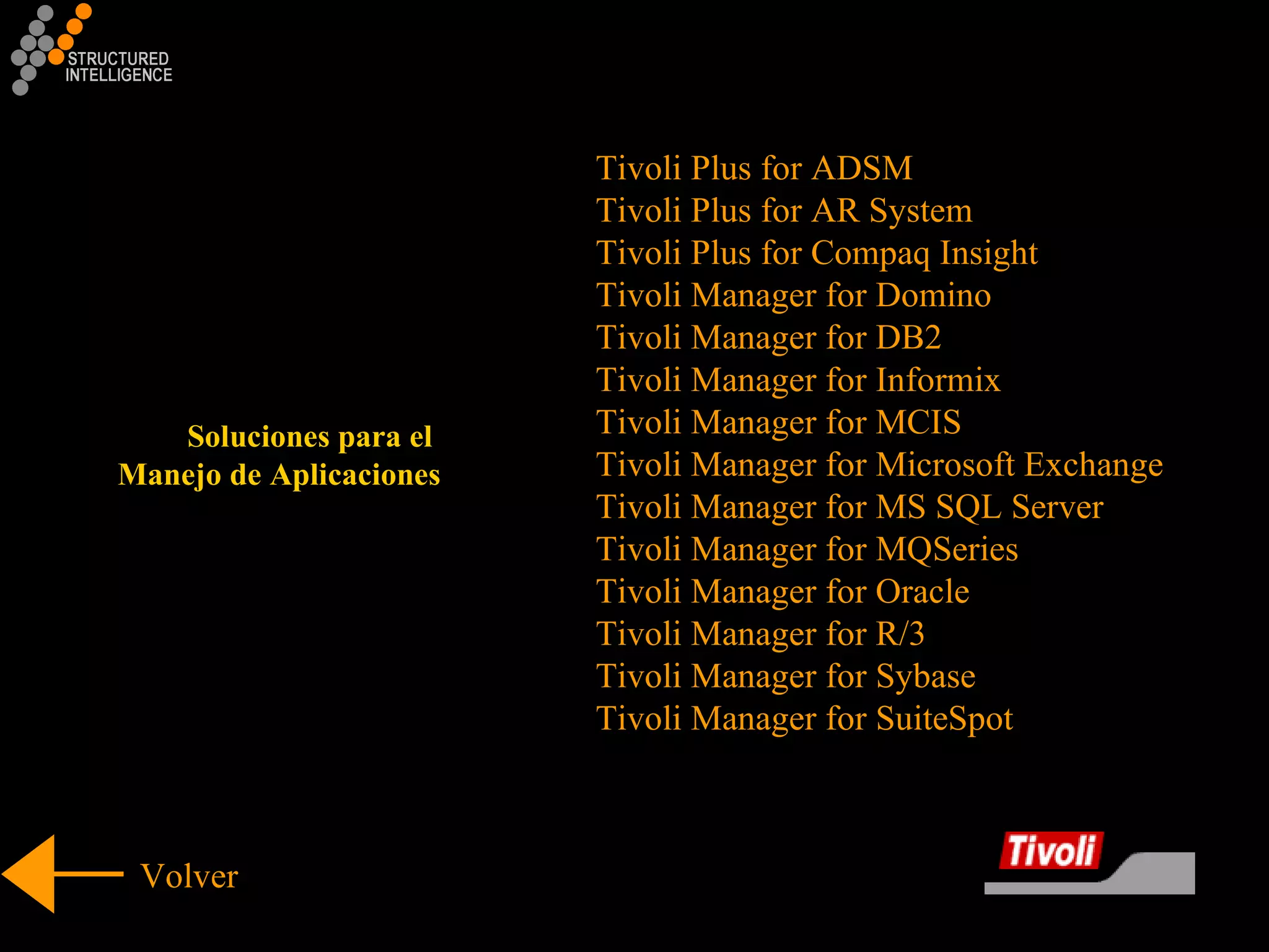 Tivoli Plus for ADSM Tivoli Plus for AR System Tivoli Plus for Compaq Insight Tivoli Manager for Domino Tivoli Manager for DB2 Tivoli Manager for Informix Tivoli Manager for MCIS Tivoli Manager for Microsoft Exchange Tivoli Manager for MS SQL Server Tivoli Manager for MQSeries Tivoli Manager for Oracle  Tivoli Manager for R/3 Tivoli Manager for Sybase Tivoli Manager for SuiteSpot Volver Soluciones para el  Manejo de Aplicaciones 