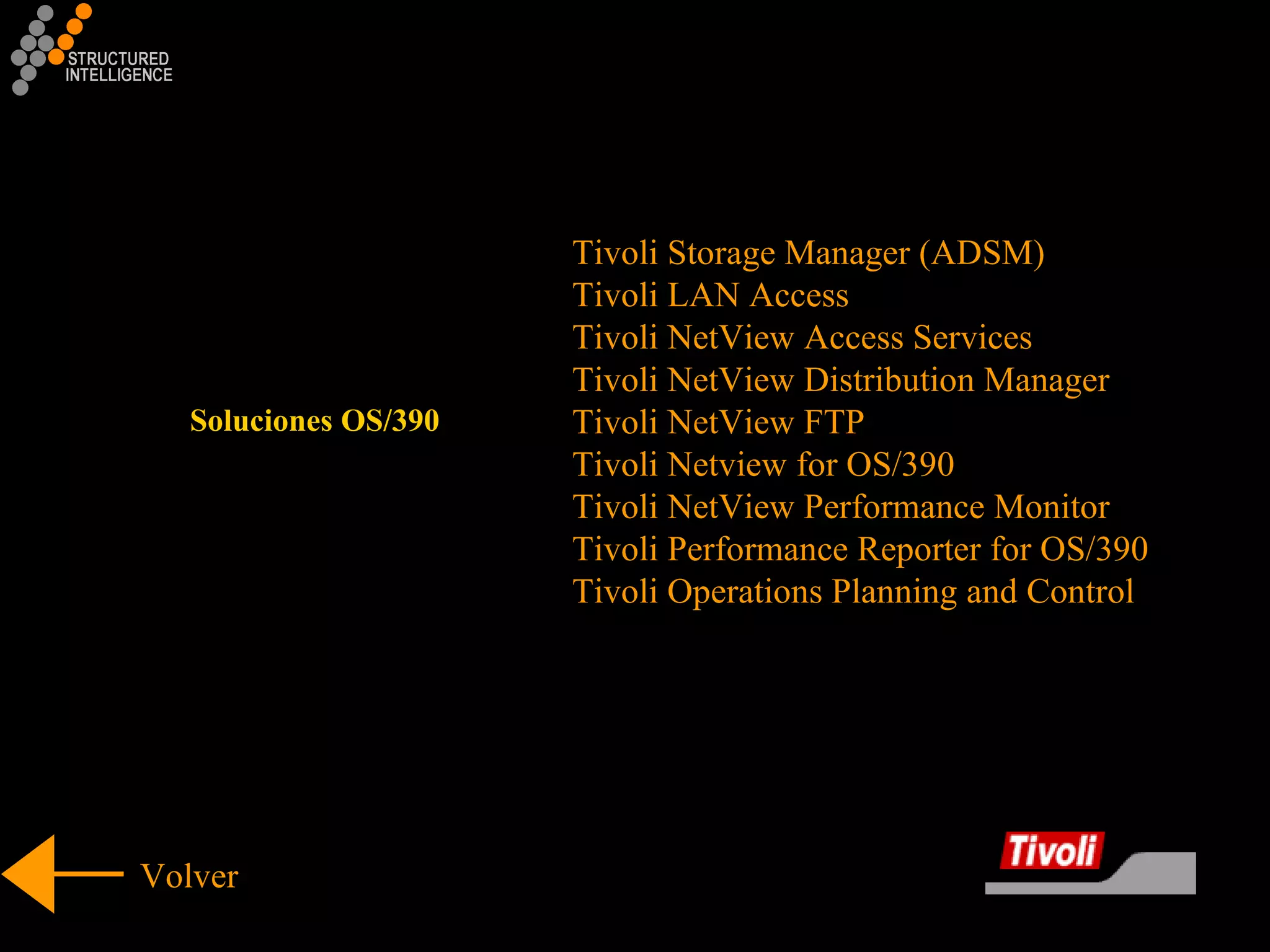 Tivoli Storage Manager (ADSM) Tivoli LAN Access Tivoli NetView Access Services Tivoli NetView Distribution Manager Tivoli NetView FTP Tivoli Netview for OS/390 Tivoli NetView Performance Monitor  Tivoli Performance Reporter for OS/390 Tivoli Operations Planning and Control Volver Soluciones OS/390 