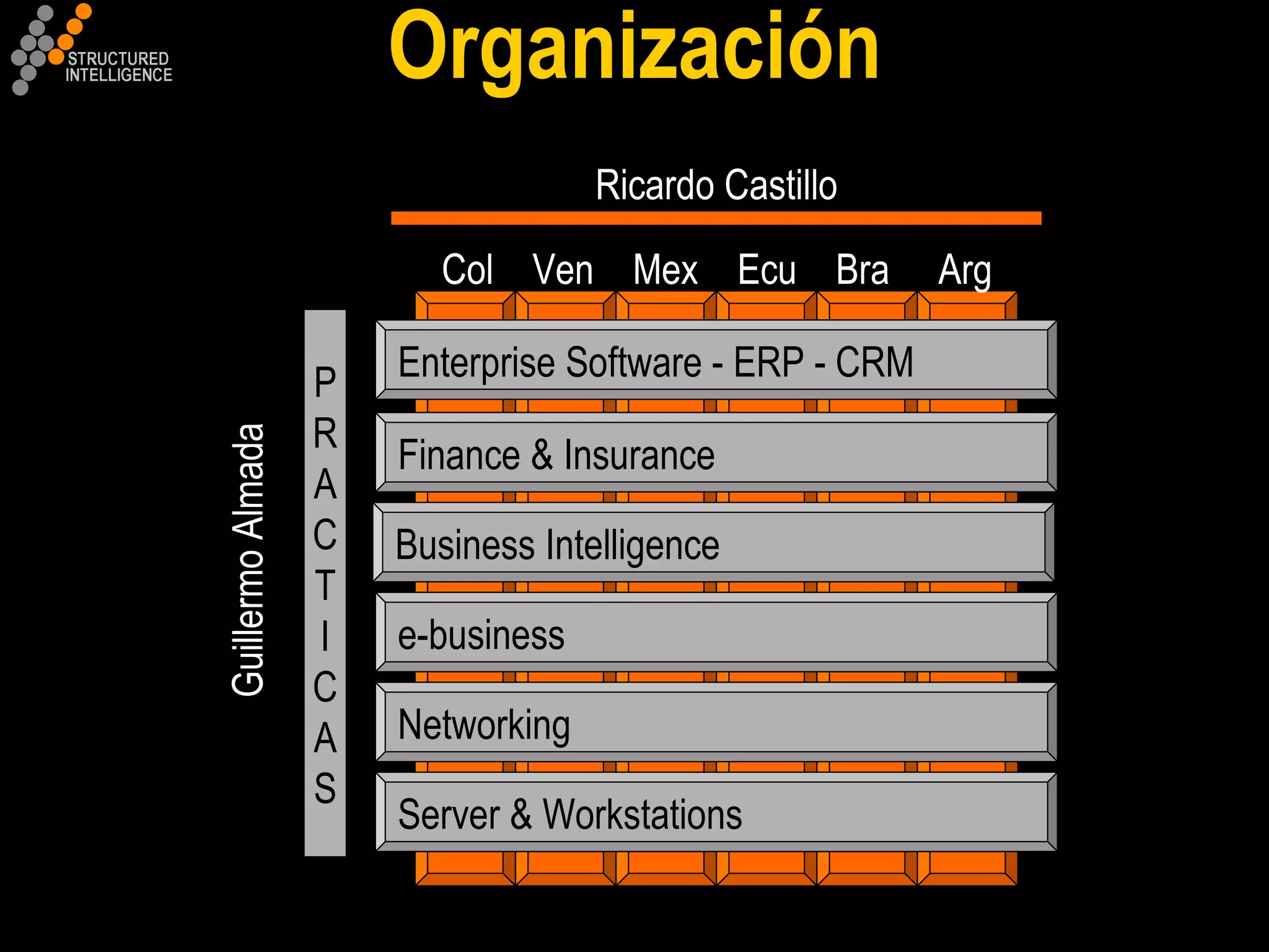 Organización Enterprise Software - ERP - CRM Finance & Insurance Networking e-business Business Intelligence Server & Workstations P R A C T I C A S Ricardo Castillo Guillermo Almada Col  Ven  Mex  Ecu  Bra  Arg 