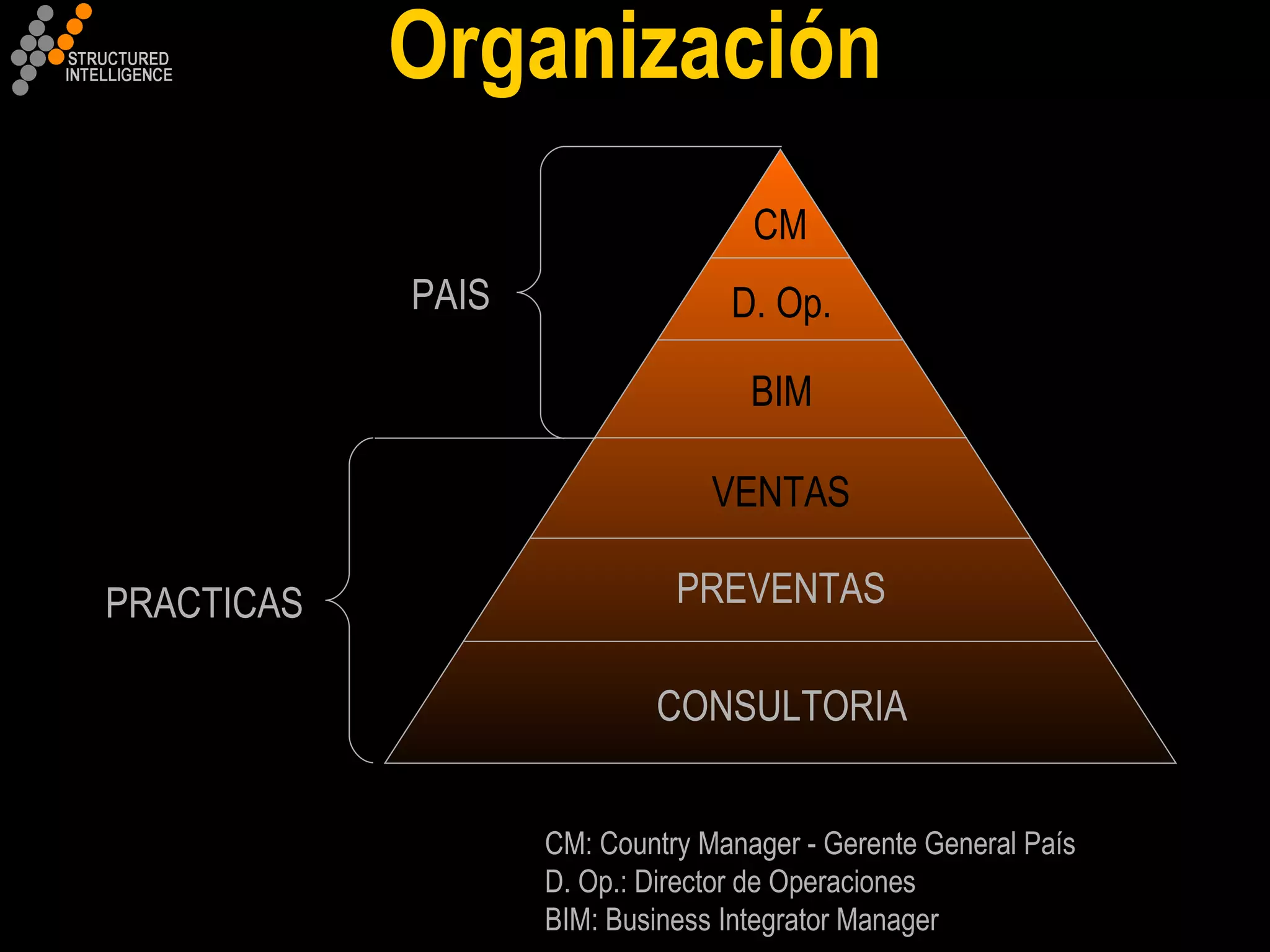 Organización CM D. Op. BIM VENTAS PREVENTAS CONSULTORIA PAIS PRACTICAS CM: Country Manager - Gerente General País D. Op.: Director de Operaciones BIM: Business Integrator Manager  