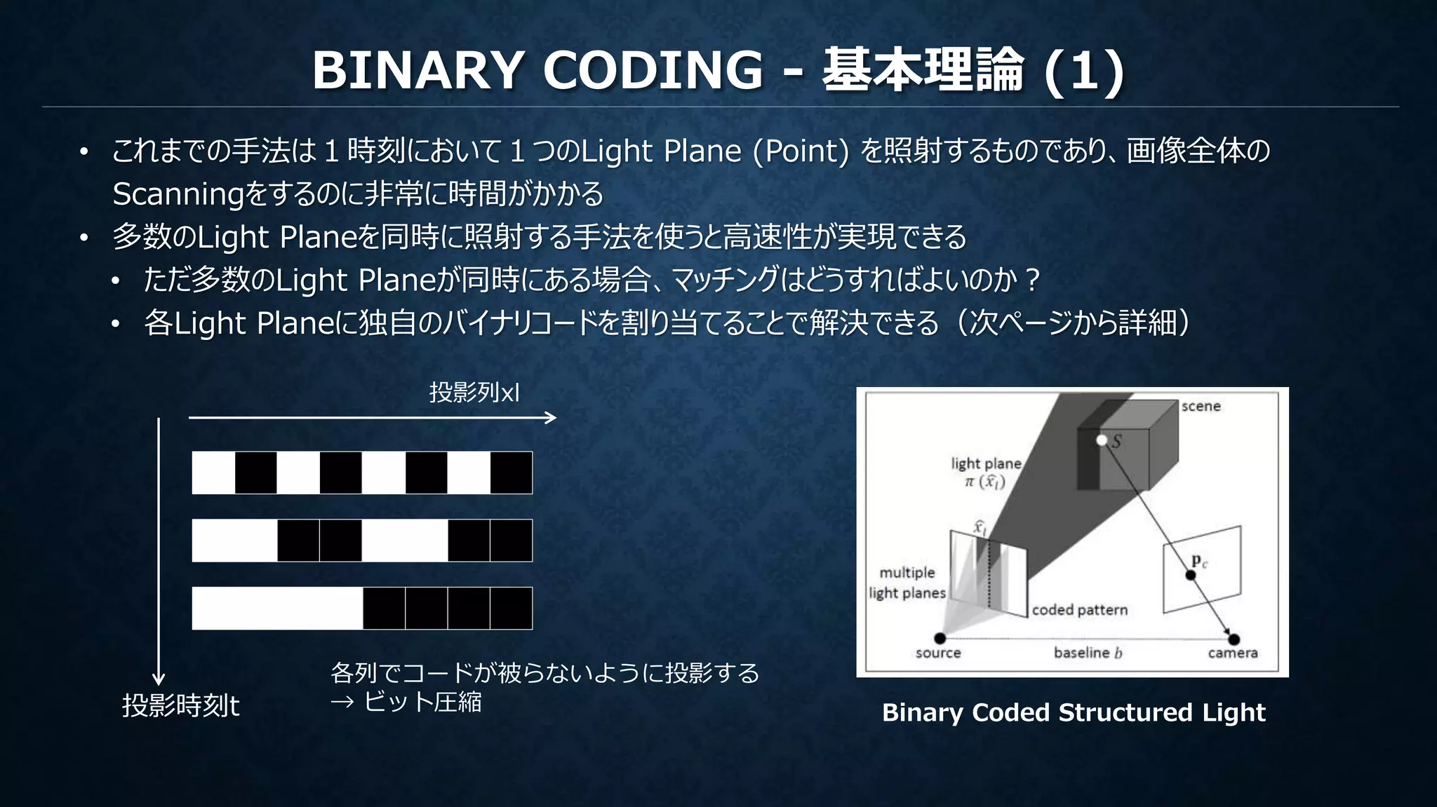 BINARY CODING - 基本理論 (1)
• これまでの手法は１時刻において１つのLight Plane (Point) を照射するものであり、画像全体の
Scanningをするのに非常に時間がかかる
• 多数のLight Planeを同時に照射する手法を使うと高速性が実現できる
• ただ多数のLight Planeが同時にある場合、マッチングはどうすればよいのか？
• 各Light Planeに独自のバイナリコードを割り当てることで解決できる（次ページから詳細）
Binary Coded Structured Light投影時刻t
投影列xl
各列でコードが被らないように投影する
→ ビット圧縮
 