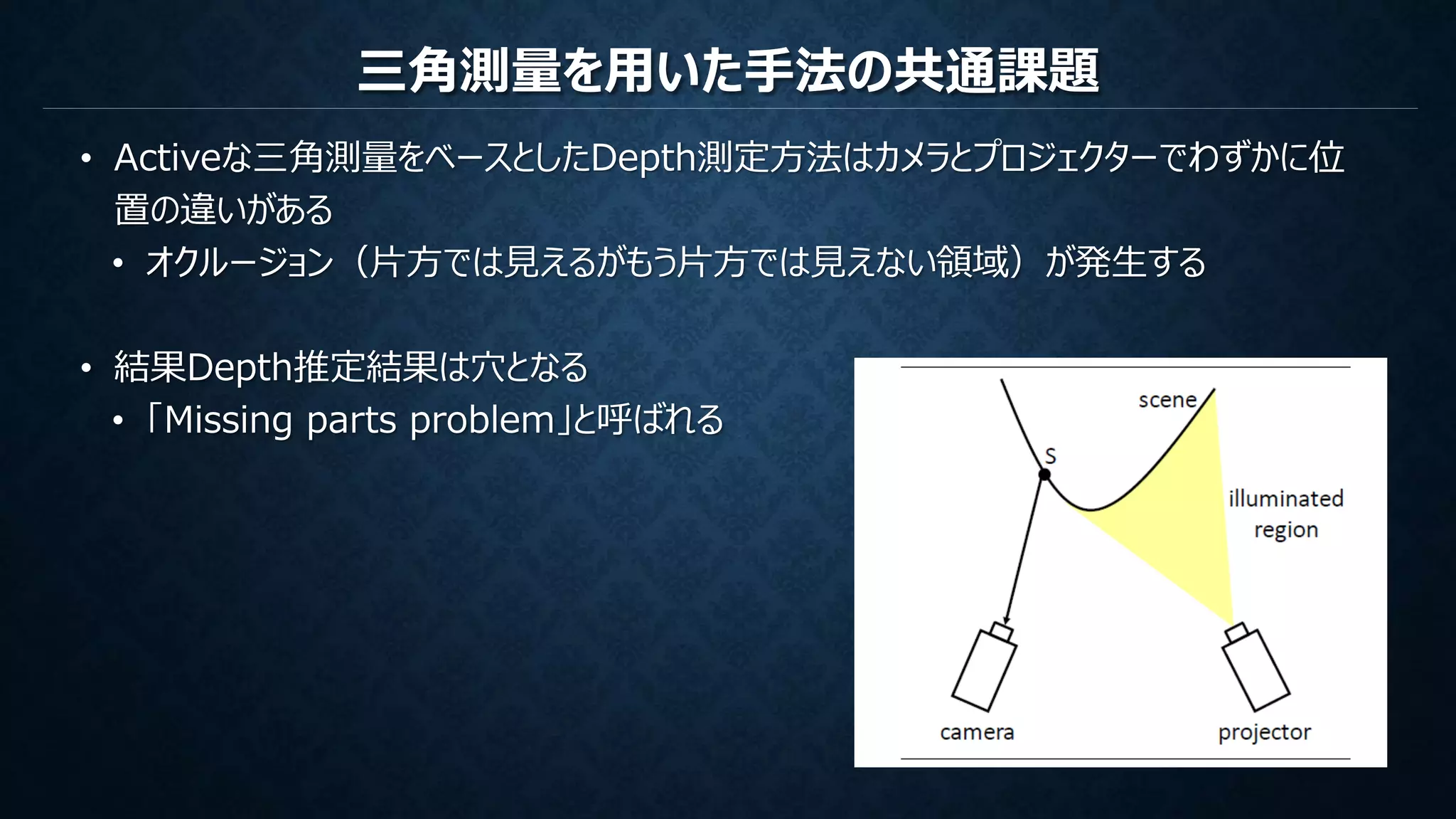 三角測量を用いた手法の共通課題
• Activeな三角測量をベースとしたDepth測定方法はカメラとプロジェクターでわずかに位
置の違いがある
• オクルージョン（片方では見えるがもう片方では見えない領域）が発生する
• 結果Depth推定結果は穴となる
• 「Missing parts problem」と呼ばれる
 