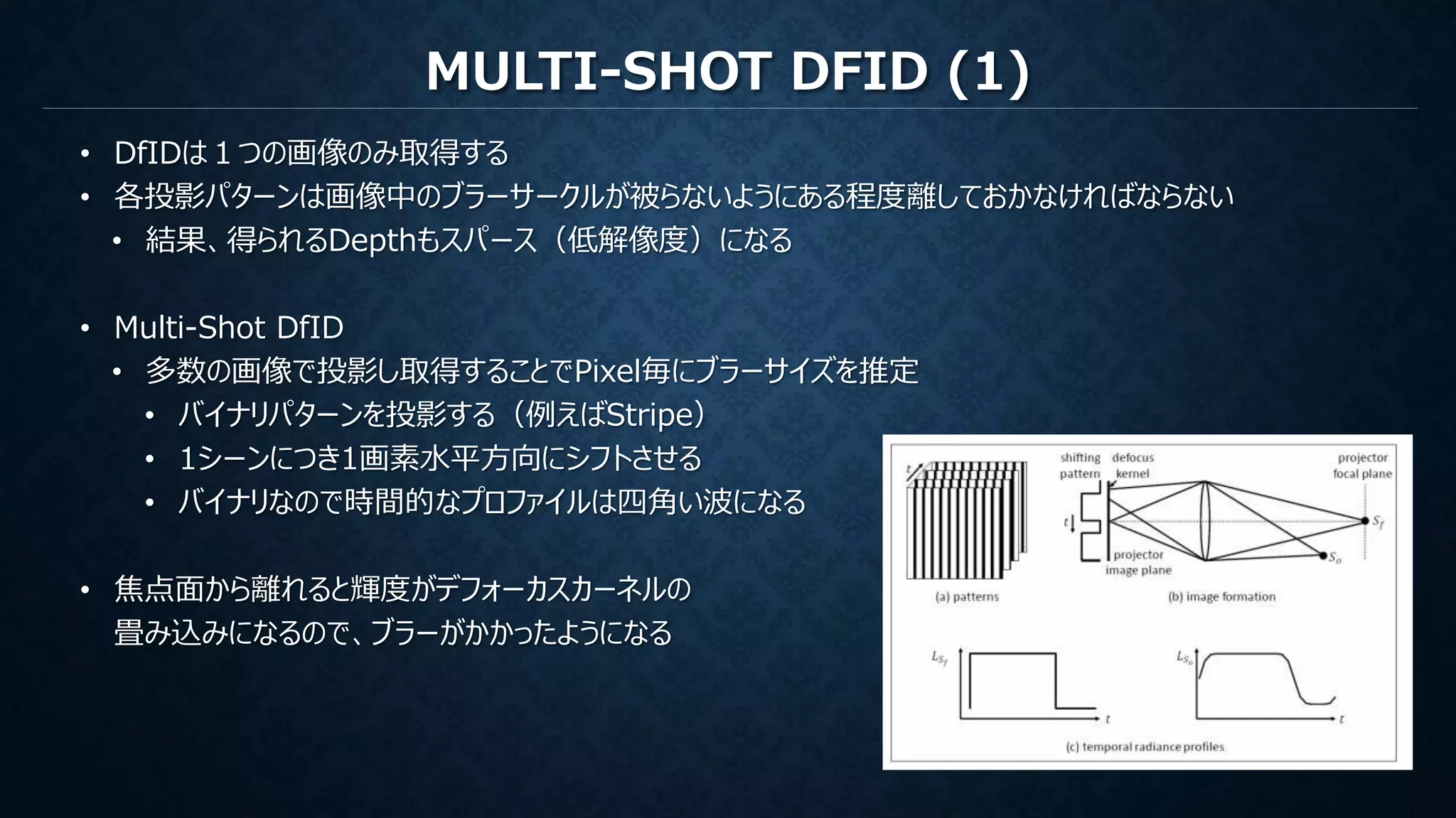 MULTI-SHOT DFID (1)
• DfIDは１つの画像のみ取得する
• 各投影パターンは画像中のブラーサークルが被らないようにある程度離しておかなければならない
• 結果、得られるDepthもスパース（低解像度）になる
• Multi-Shot DfID
• 多数の画像で投影し取得することでPixel毎にブラーサイズを推定
• バイナリパターンを投影する（例えばStripe）
• 1シーンにつき1画素水平方向にシフトさせる
• バイナリなので時間的なプロファイルは四角い波になる
• 焦点面から離れると輝度がデフォーカスカーネルの
畳み込みになるので、ブラーがかかったようになる
 