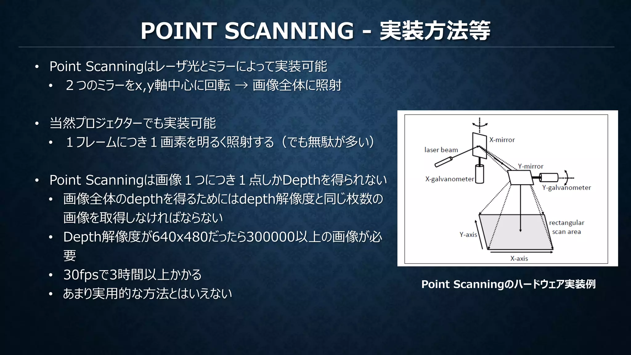 POINT SCANNING - 実装方法等
• Point Scanningはレーザ光とミラーによって実装可能
• ２つのミラーをx,y軸中心に回転 → 画像全体に照射
• 当然プロジェクターでも実装可能
• １フレームにつき１画素を明るく照射する（でも無駄が多い）
• Point Scanningは画像１つにつき１点しかDepthを得られない
• 画像全体のdepthを得るためにはdepth解像度と同じ枚数の
画像を取得しなければならない
• Depth解像度が640x480だったら300000以上の画像が必
要
• 30fpsで3時間以上かかる
• あまり実用的な方法とはいえない
Point Scanningのハードウェア実装例
 