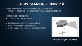STRIPE SCANNING - 実装方法等
• Stripe Scanningは１次元レーザと多角形ミラーによって実装可能
• 多角形ミラーを回転させレーザを拡散させることでStripeが画像全体を横断する
• 当然プロジェクターでも実装可能
• １フレームにつき１列を明るく照射する
• 必要な画像数はプロジェクターのColumns(列)数
• 640x480の解像度だったら480枚必要
• まだ多いがPoint Scanningに比べると圧倒的に実用的
Stripe Scanningのハードウェア実装例
 