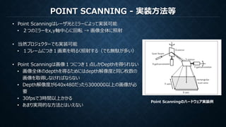 POINT SCANNING - 実装方法等
• Point Scanningはレーザ光とミラーによって実装可能
• ２つのミラーをx,y軸中心に回転 → 画像全体に照射
• 当然プロジェクターでも実装可能
• １フレームにつき１画素を明るく照射する（でも無駄が多い）
• Point Scanningは画像１つにつき１点しかDepthを得られない
• 画像全体のdepthを得るためにはdepth解像度と同じ枚数の
画像を取得しなければならない
• Depth解像度が640x480だったら300000以上の画像が必
要
• 30fpsで3時間以上かかる
• あまり実用的な方法とはいえない
Point Scanningのハードウェア実装例
 