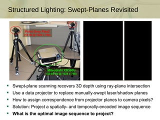 Structured Lighting: Swept-Planes Revisited Swept-plane scanning recovers 3D depth using ray-plane intersection Use a data projector to replace manually-swept laser/shadow planes How to assign correspondence from projector planes to camera pixels? Solution: Project a spatially- and temporally-encoded image sequence What is the optimal image sequence to project? Point Grey Flea2 (15 Hz @ 1024 x 768) Mitsubishi XD300U (50-85 Hz @ 1024 x 768) 
