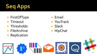  FirstOfType
 Timeout
 Thresholds
 FileArchive
 Replication
 Email
 YouTrack
 Slack
 HipChat
24
 