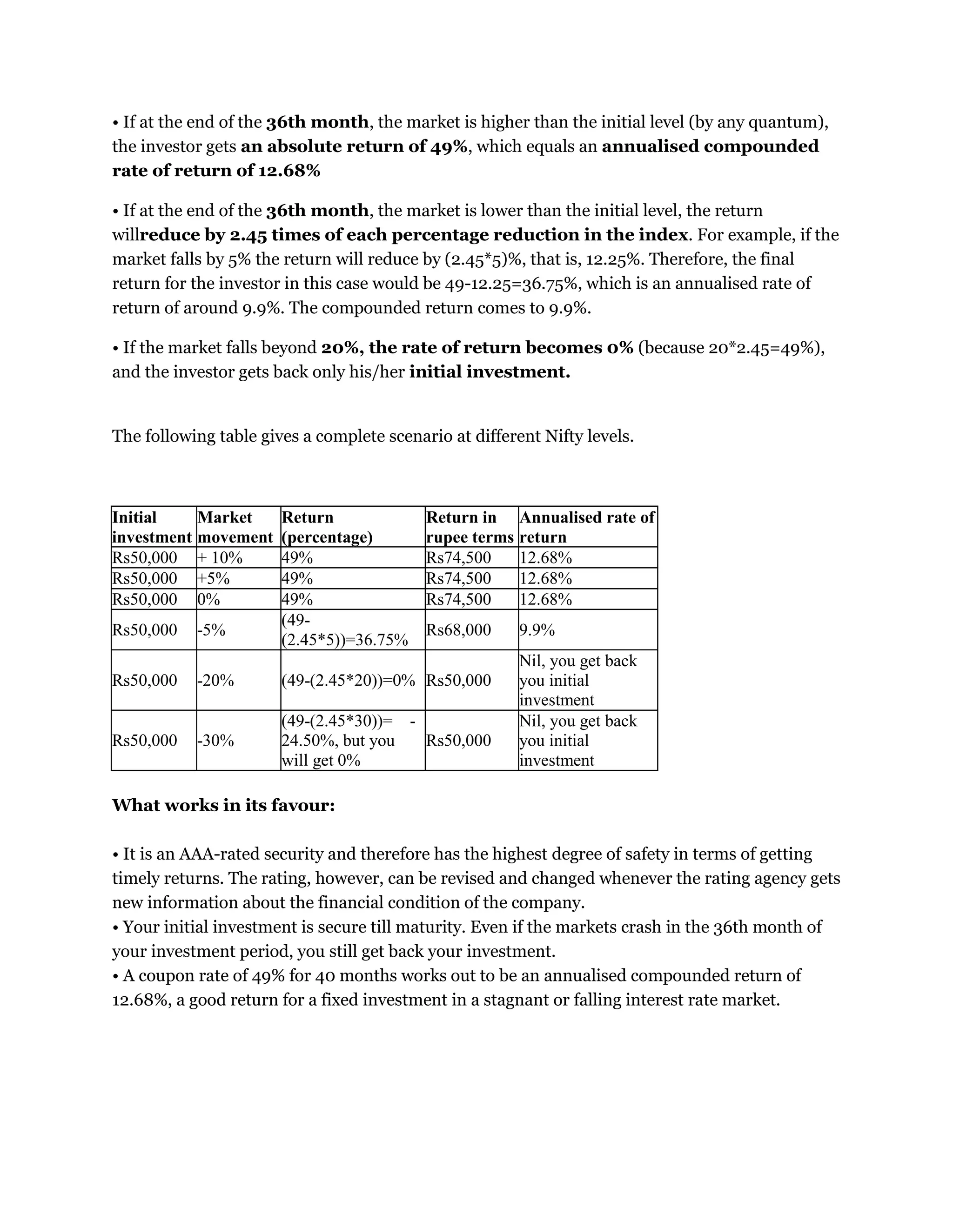 • If at the end of the 36th month, the market is higher than the initial level (by any quantum),
the investor gets an absolute return of 49%, which equals an annualised compounded
rate of return of 12.68%
• If at the end of the 36th month, the market is lower than the initial level, the return
willreduce by 2.45 times of each percentage reduction in the index. For example, if the
market falls by 5% the return will reduce by (2.45*5)%, that is, 12.25%. Therefore, the final
return for the investor in this case would be 49-12.25=36.75%, which is an annualised rate of
return of around 9.9%. The compounded return comes to 9.9%.
• If the market falls beyond 20%, the rate of return becomes 0% (because 20*2.45=49%),
and the investor gets back only his/her initial investment.
The following table gives a complete scenario at different Nifty levels.
Initial
investment
Market
movement
Return
(percentage)
Return in
rupee terms
Annualised rate of
return
Rs50,000 + 10% 49% Rs74,500 12.68%
Rs50,000 +5% 49% Rs74,500 12.68%
Rs50,000 0% 49% Rs74,500 12.68%
Rs50,000 -5%
(49-
(2.45*5))=36.75%
Rs68,000 9.9%
Rs50,000 -20% (49-(2.45*20))=0% Rs50,000
Nil, you get back
you initial
investment
Rs50,000 -30%
(49-(2.45*30))= -
24.50%, but you
will get 0%
Rs50,000
Nil, you get back
you initial
investment
What works in its favour:
• It is an AAA-rated security and therefore has the highest degree of safety in terms of getting
timely returns. The rating, however, can be revised and changed whenever the rating agency gets
new information about the financial condition of the company.
• Your initial investment is secure till maturity. Even if the markets crash in the 36th month of
your investment period, you still get back your investment.
• A coupon rate of 49% for 40 months works out to be an annualised compounded return of
12.68%, a good return for a fixed investment in a stagnant or falling interest rate market.
 