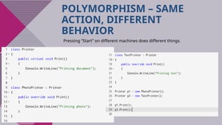 12
POLYMORPHISM – SAME
ACTION, DIFFERENT
BEHAVIOR
Pressing “Start” on different machines does different things.
 