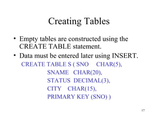 17
Creating Tables
• Empty tables are constructed using the
CREATE TABLE statement.
• Data must be entered later using INSERT.
CREATE TABLE S ( SNO CHAR(5),
SNAME CHAR(20),
STATUS DECIMAL(3),
CITY CHAR(15),
PRIMARY KEY (SNO) )
 