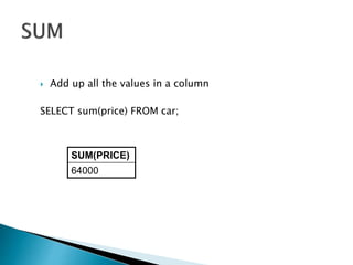 Add up all the values in a column
SELECT sum(price) FROM car;
SUM(PRICE)
64000
 