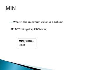  What is the minimum value in a column
SELECT min(price) FROM car;
MIN(PRICE)
6000
 