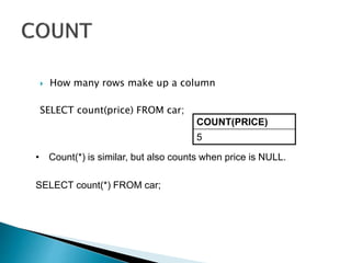  How many rows make up a column
SELECT count(price) FROM car;
COUNT(PRICE)
5
• Count(*) is similar, but also counts when price is NULL.
SELECT count(*) FROM car;
 