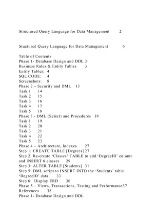 Structured Query Language for Data Management 2
Sructured Query Language for Data Management 6
Table of Contents
Phase 1- Database Design and DDL 3
Business Rules & Entity Tables 3
Entity Tables: 4
SQL CODE: 4
Screenshots: 8
Phase 2 – Security and DML 13
Task 1 14
Task 2 15
Task 3 16
Task 4 17
Task 5 18
Phase 3 - DML (Select) and Procedures 19
Task 1 19
Task 2 20
Task 3 21
Task 4 22
Task 5 23
Phase 4 – Architecture, Indexes 27
Step 1: CREATE TABLE [Degrees] 27
Step 2: Re-create ‘Classes’ TABLE to add ‘DegreeID’ column
and INSERT 6 classes 29
Step 3: ALTER TABLE [Students] 31
Step 5: DML script to INSERT INTO the ‘Students’ table
‘DegreeID’ data 33
Step 6: Display ERD 36
Phase 5 – Views, Transactions, Testing and Performance37
References 38
Phase 1- Database Design and DDL
 