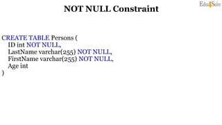 NOT NULL Constraint
CREATE TABLE Persons (
ID int NOT NULL,
LastName varchar(255) NOT NULL,
FirstName varchar(255) NOT NULL,
Age int
)
 