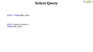 Select Query
SELECT * FROM table_name
SELECT column1, column2, ...
FROM table_name
 