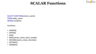 SCALAR Functions
SELECT FUNCTION(column_name)
FROM table_name
WHERE condition
Functions:
• LOWER()
• UPPER()
• LEN()
• MID(column_name, Start, Length)
• ROUND(column_name, Decimals)
• GETDATE()
• FORMAT()
 