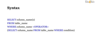 Syntax
SELECT column_name(s)
FROM table_name
WHERE column_name <OPERATOR>
(SELECT column_name FROM table_name WHERE condition)
 