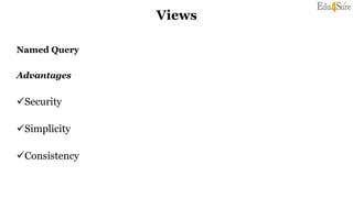 Views
Named Query
Advantages
Security
Simplicity
Consistency
 