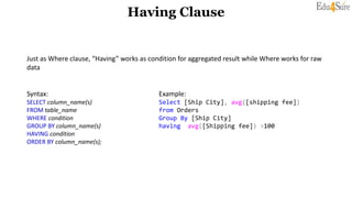 Having Clause
Just as Where clause, “Having” works as condition for aggregated result while Where works for raw
data
Syntax: Example:
SELECT column_name(s) Select [Ship City], avg([shipping fee])
FROM table_name from Orders
WHERE condition Group By [Ship City]
GROUP BY column_name(s) having avg([Shipping fee]) >100
HAVING condition
ORDER BY column_name(s);
 