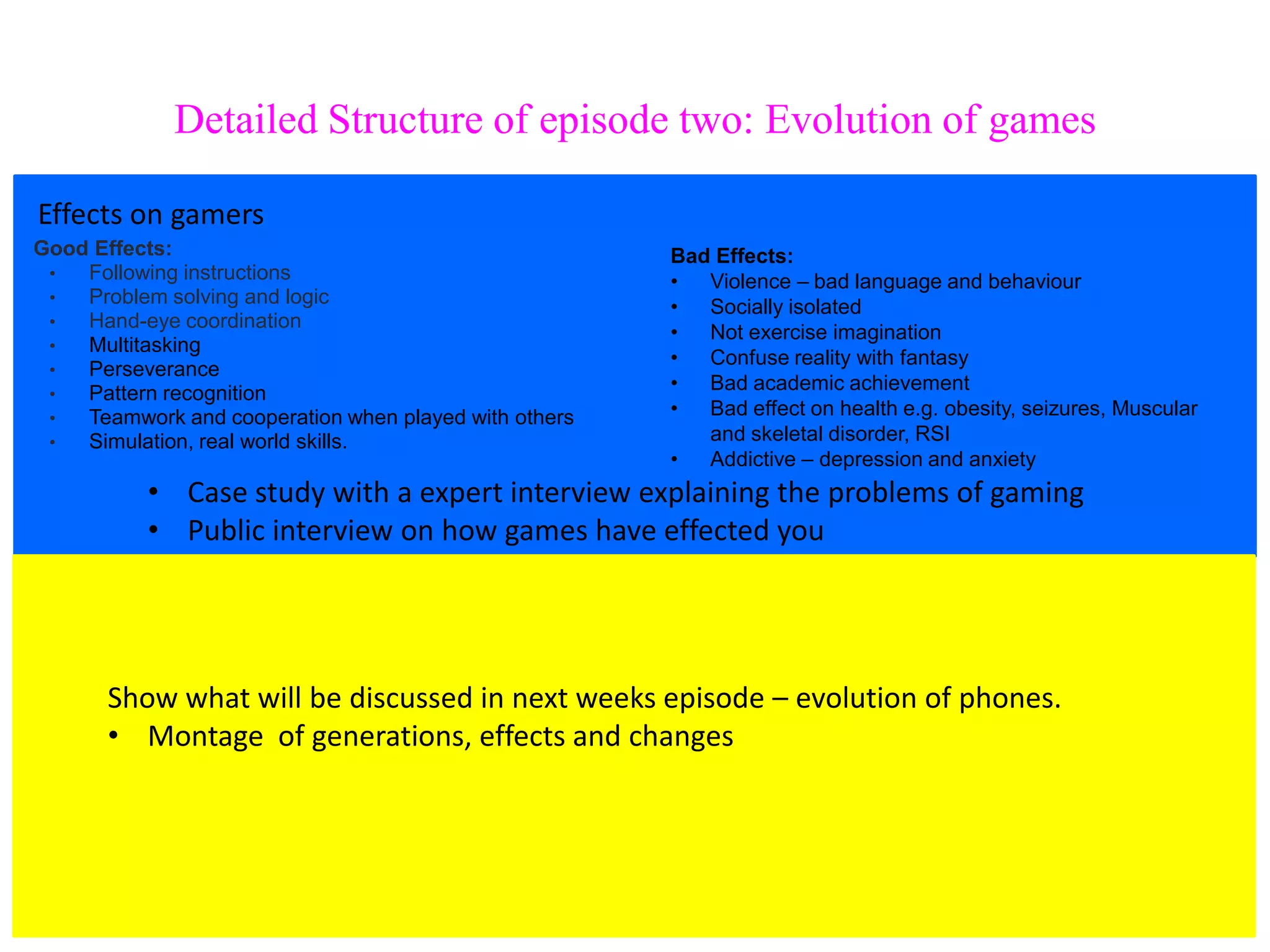 Detailed Structure of episode two: Evolution of games

Effects on gamers
Good Effects:                                          Bad Effects:
 •  Following instructions                             •  Violence – bad language and behaviour
 •  Problem solving and logic                          •  Socially isolated
 •  Hand-eye coordination
                                                       •  Not exercise imagination
 •  Multitasking
                                                       •  Confuse reality with fantasy
 •  Perseverance
 •  Pattern recognition                                •  Bad academic achievement
 •  Teamwork and cooperation when played with others   •  Bad effect on health e.g. obesity, seizures, Muscular
 •  Simulation, real world skills.                        and skeletal disorder, RSI
                                                       •  Addictive – depression and anxiety
          • Case study with a expert interview explaining the problems of gaming
          • Public interview on how games have effected you




       Show what will be discussed in next weeks episode – evolution of phones.
       • Montage of generations, effects and changes
 
