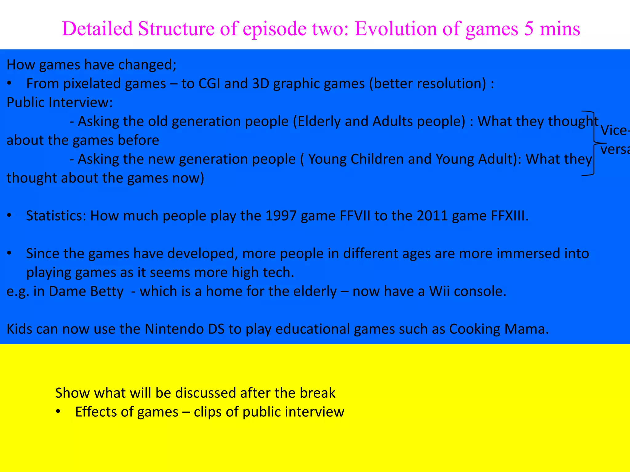 Detailed Structure of episode two: Evolution of games 5 mins
How games have changed;
• From pixelated games – to CGI and 3D graphic games (better resolution) :
Public Interview:
          - Asking the old generation people (Elderly and Adults people) : What they thought
                                                                                             Vice-
about the games before
                                                                                             versa
          - Asking the new generation people ( Young Children and Young Adult): What they
thought about the games now)

• Statistics: How much people play the 1997 game FFVII to the 2011 game FFXIII.

• Since the games have developed, more people in different ages are more immersed into
   playing games as it seems more high tech.
e.g. in Dame Betty - which is a home for the elderly – now have a Wii console.

Kids can now use the Nintendo DS to play educational games such as Cooking Mama.



       Show what will be discussed after the break
       • Effects of games – clips of public interview
 